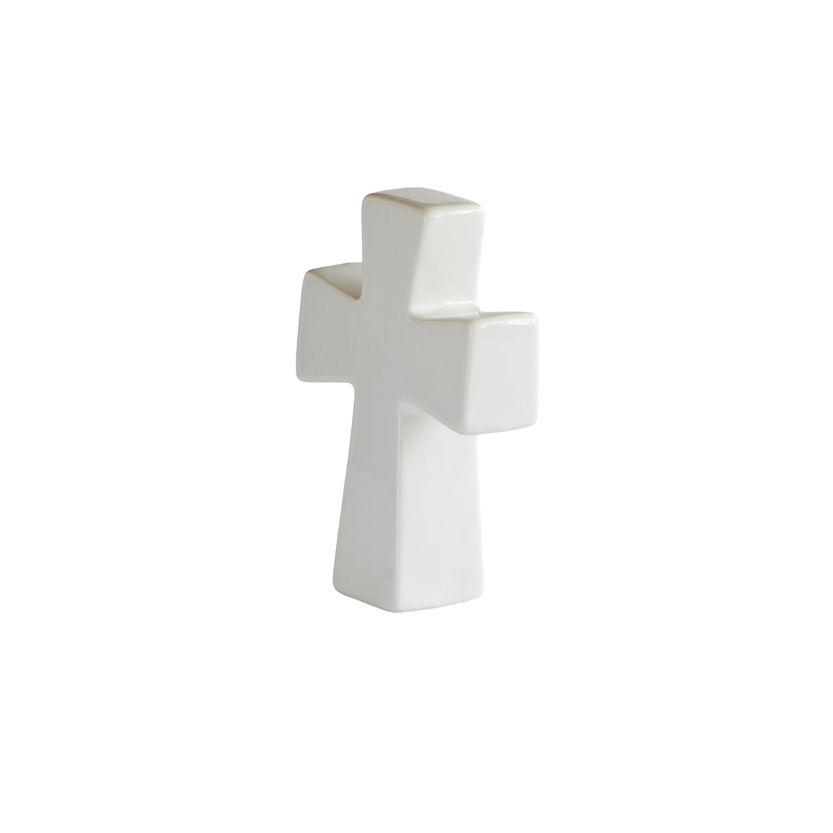 Opposite rear view of ceramic cross showing its smooth glazed surface and flared base.