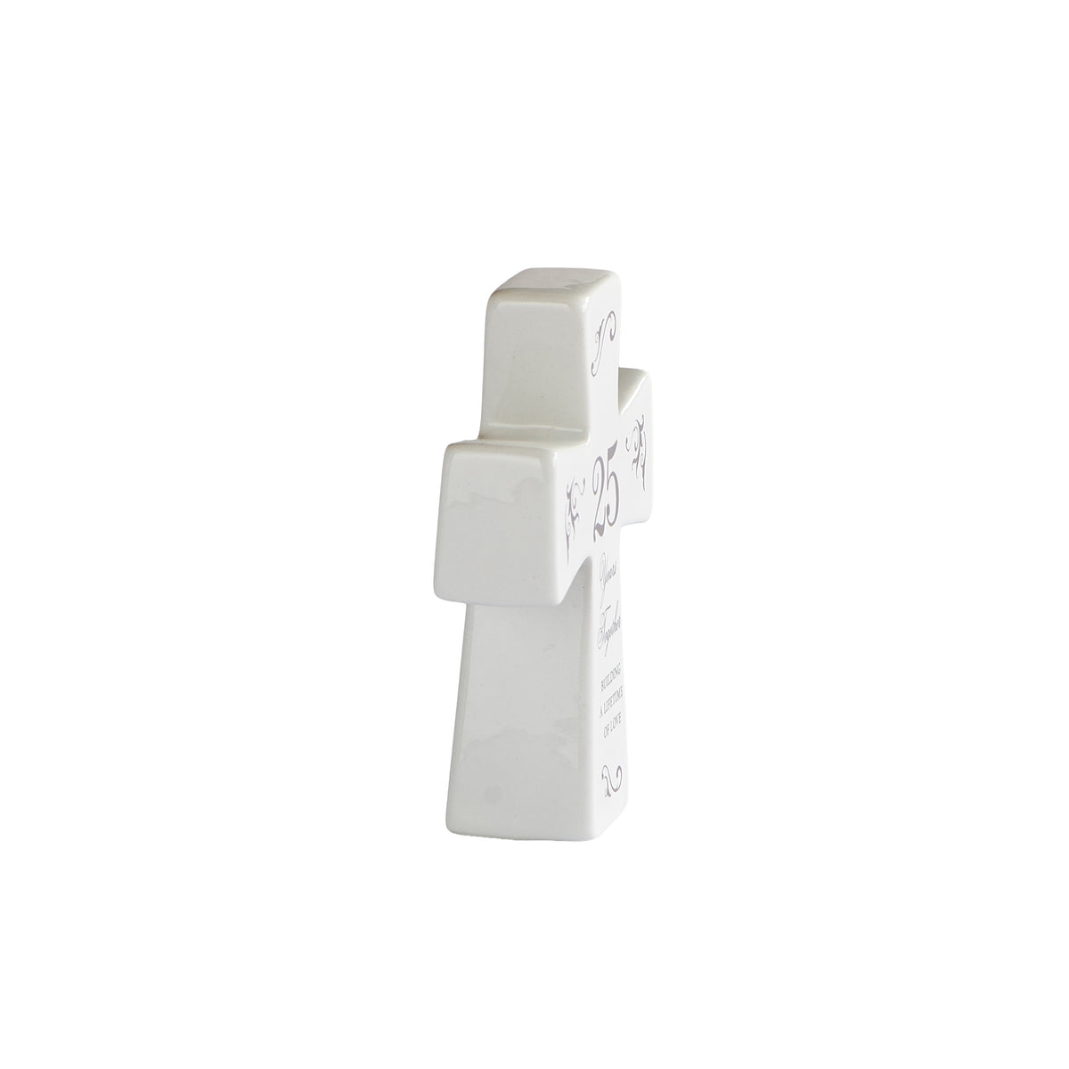 Side view of anniversary cross showing its freestanding shape and a glimpse of the front lettering.