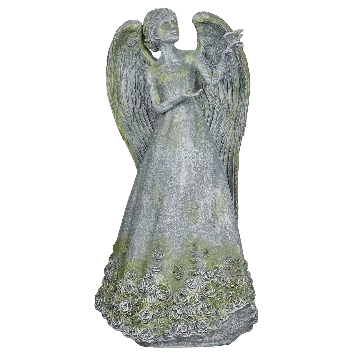 Front view of Angel with Rose Skirt and Dove Garden Statue showing the angel, dove, detailed wings, and floral skirt accents