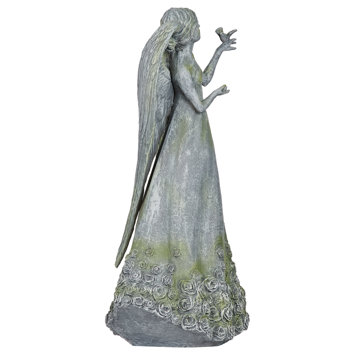 Opposite side view of Angel with Rose Skirt and Dove Garden Statue showing the dove, flowing gown, and sculpted wings