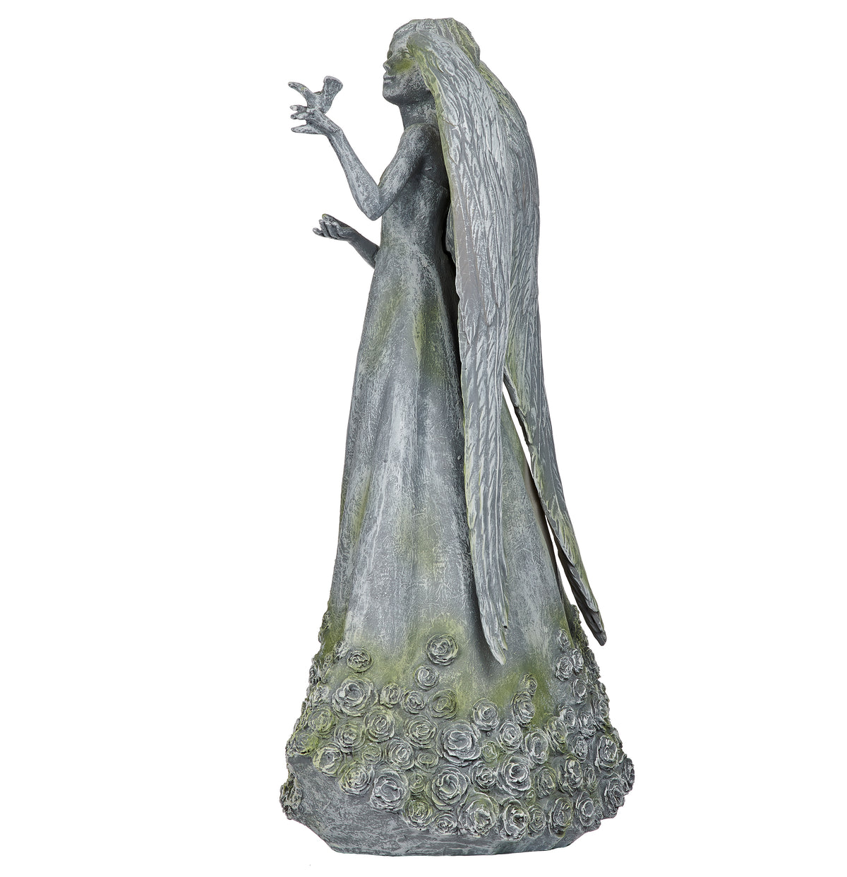 Side view of Angel with Rose Skirt and Dove Garden Statue showing the angel extending the dove with sculpted wing and gown details