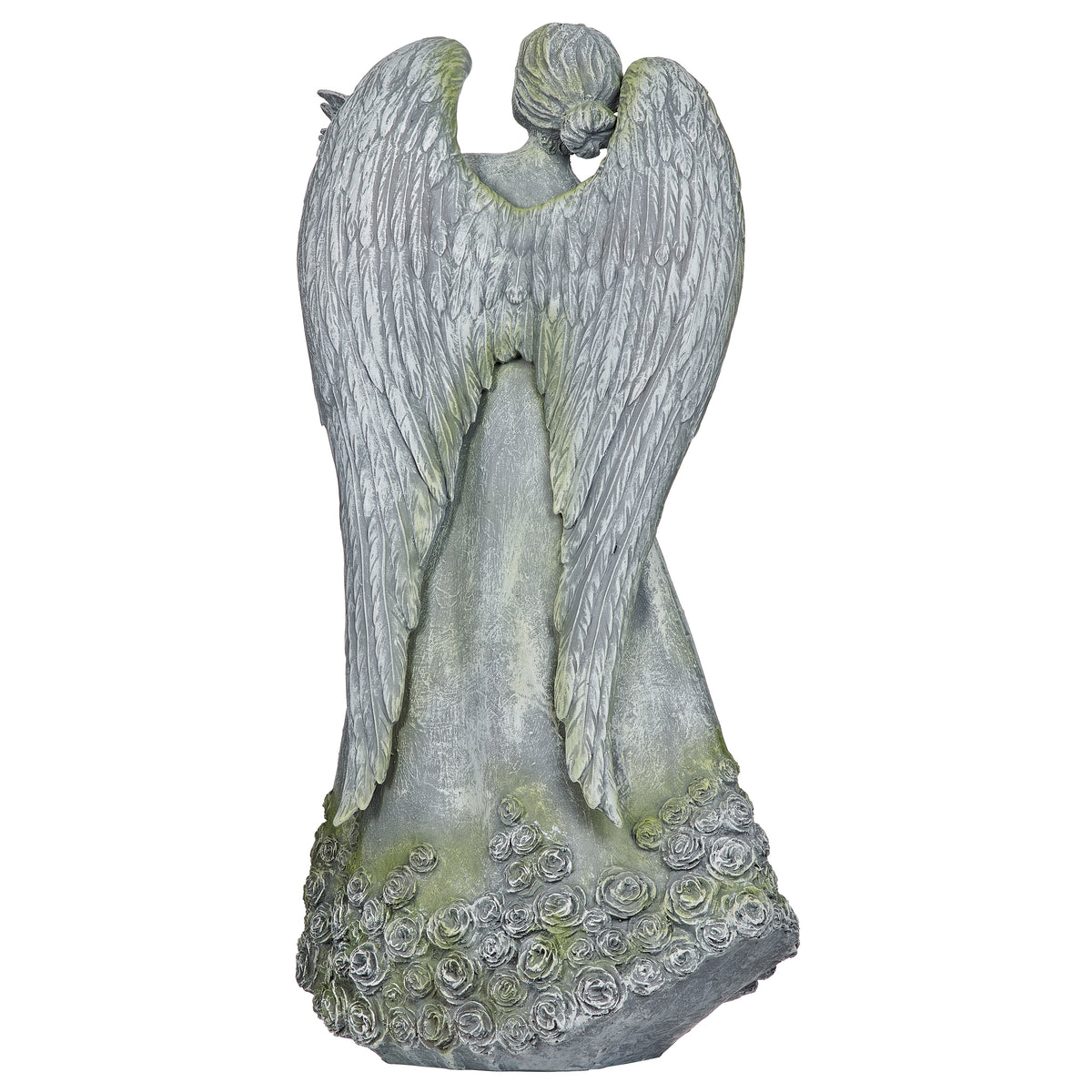 Back view of Angel with Rose Skirt and Dove Garden Statue showing the large textured wings and rose-accented skirt
