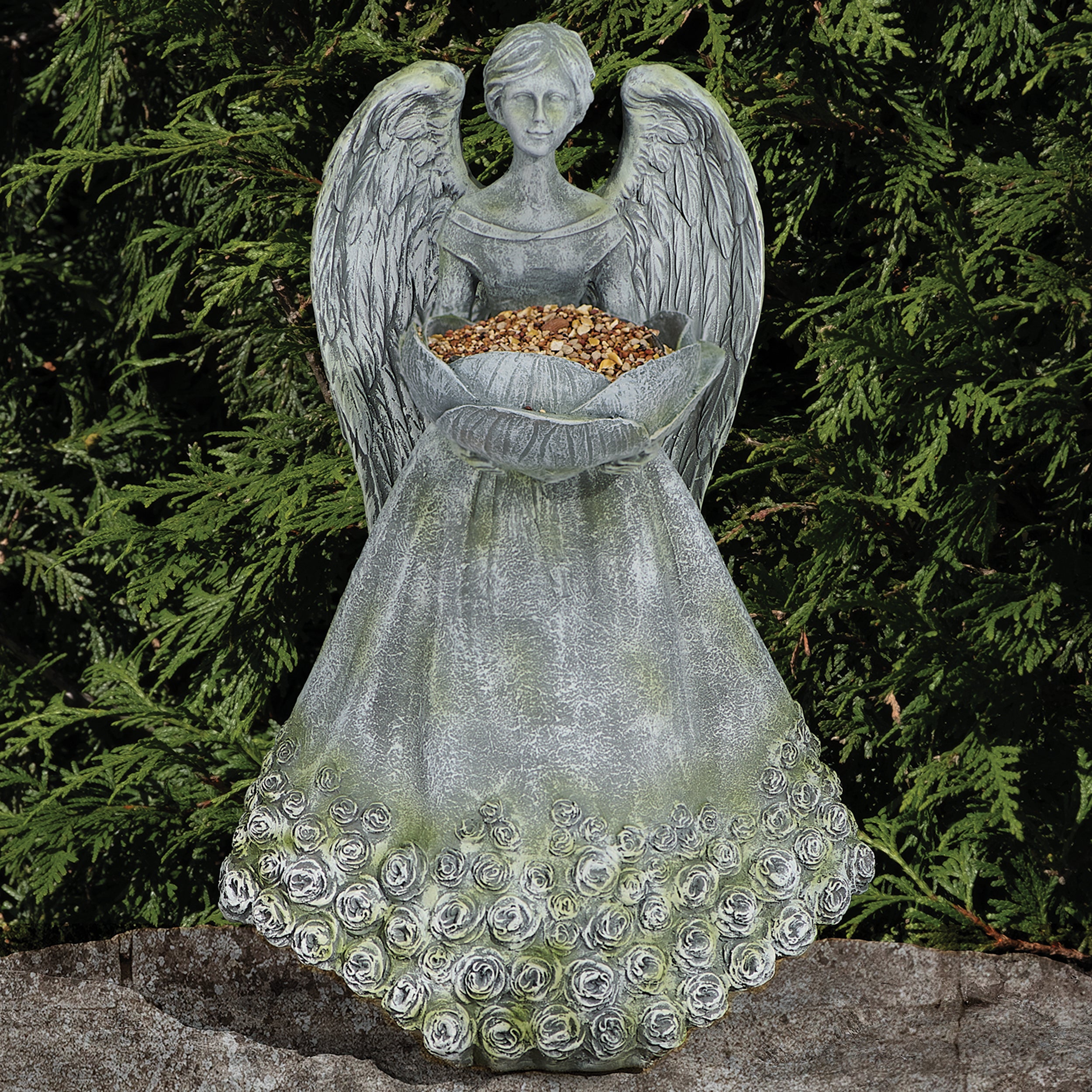 Angel with Rose Skirt Bird Feeder Statue