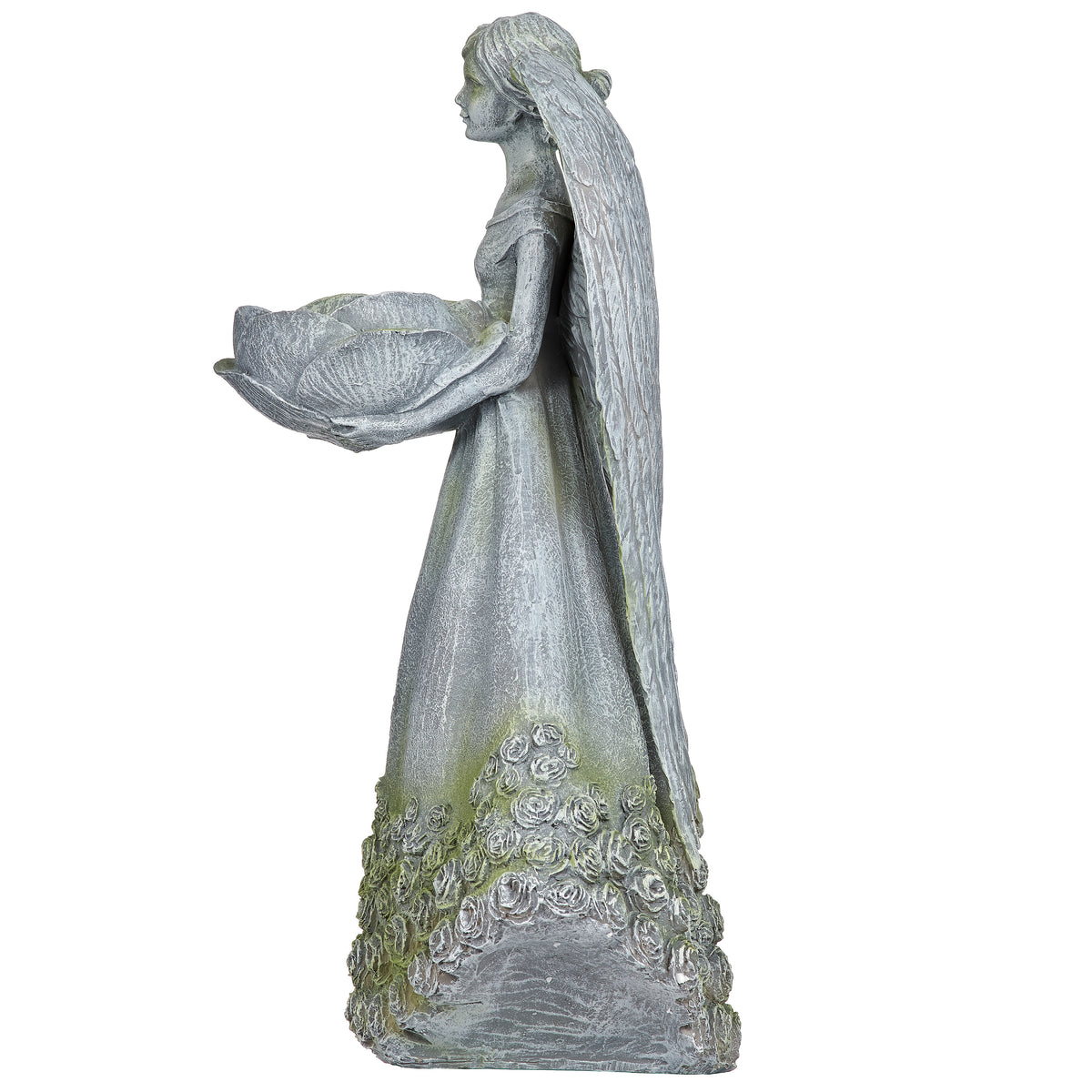 Side view of Angel with Rose Skirt Bird Feeder Statue showing the flowing gown, raised feeder bowl, and wing profile