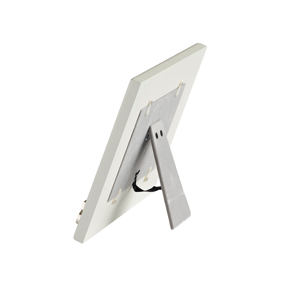 Side view of Mr. & Mrs. picture frame showing its white profile and extended easel stand.