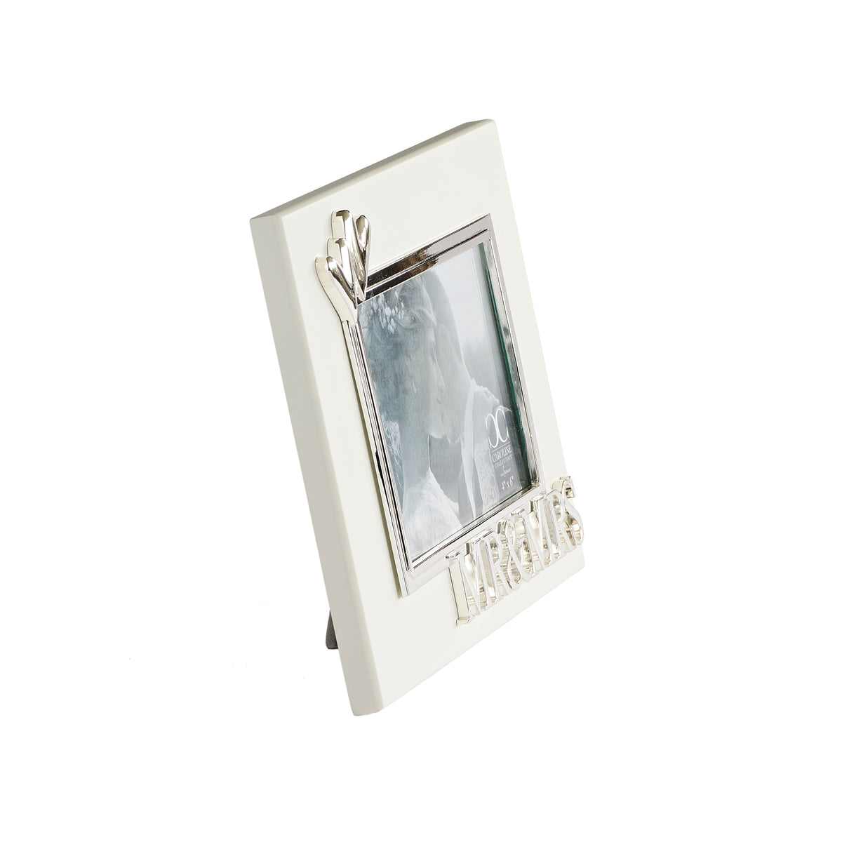 Angled front view of Mr. & Mrs. frame showing the raised heart accents, silver-toned photo border, and lettering.