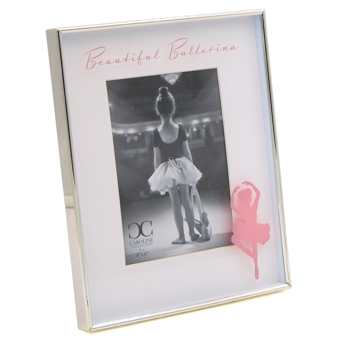 Front angled view of Caroline Collection Beautiful Ballerina Picture Frame showing the silver-tone frame, pink ballerina accent, photo opening, and tabletop easel stand