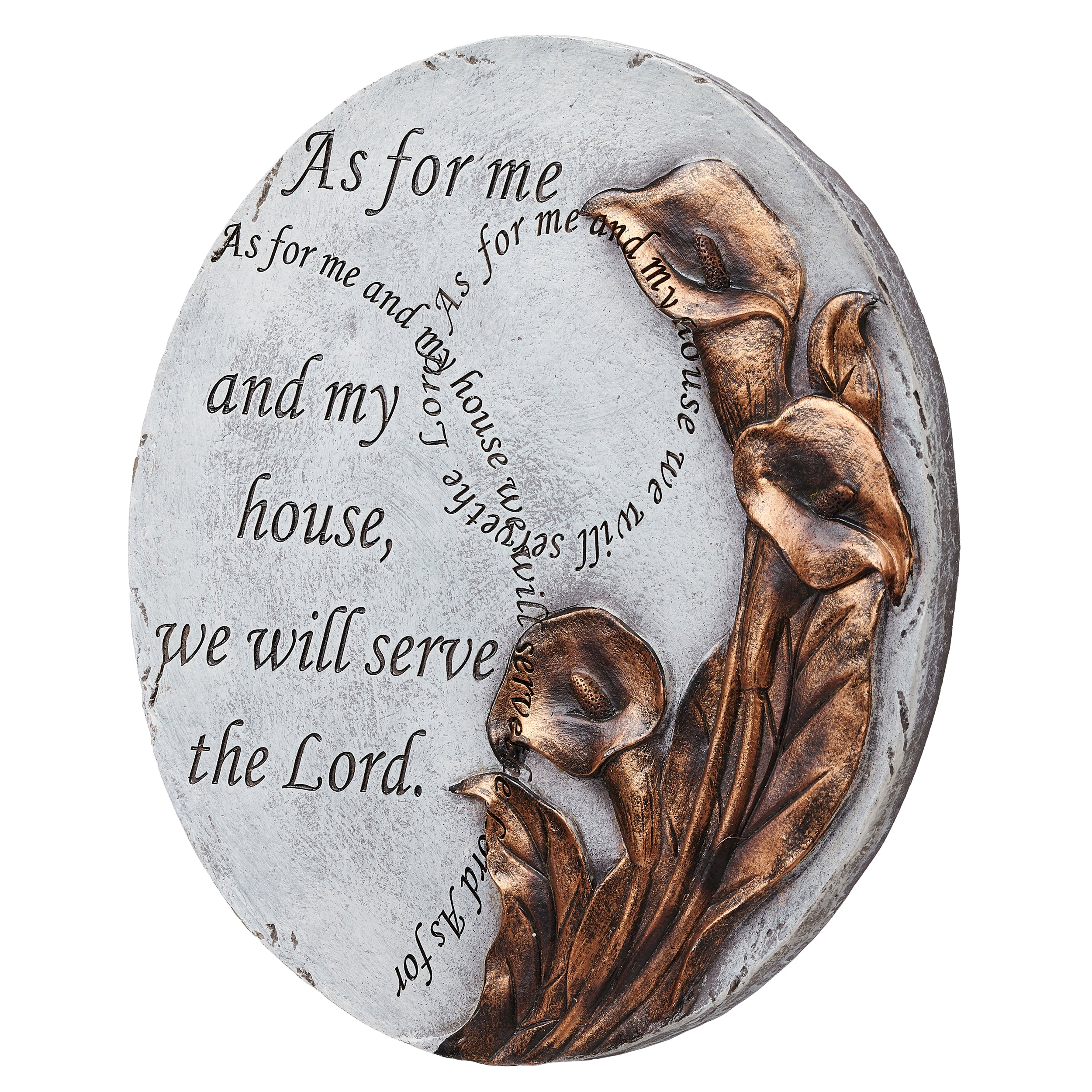 Decorative stone with floral design and engraved text on a white background