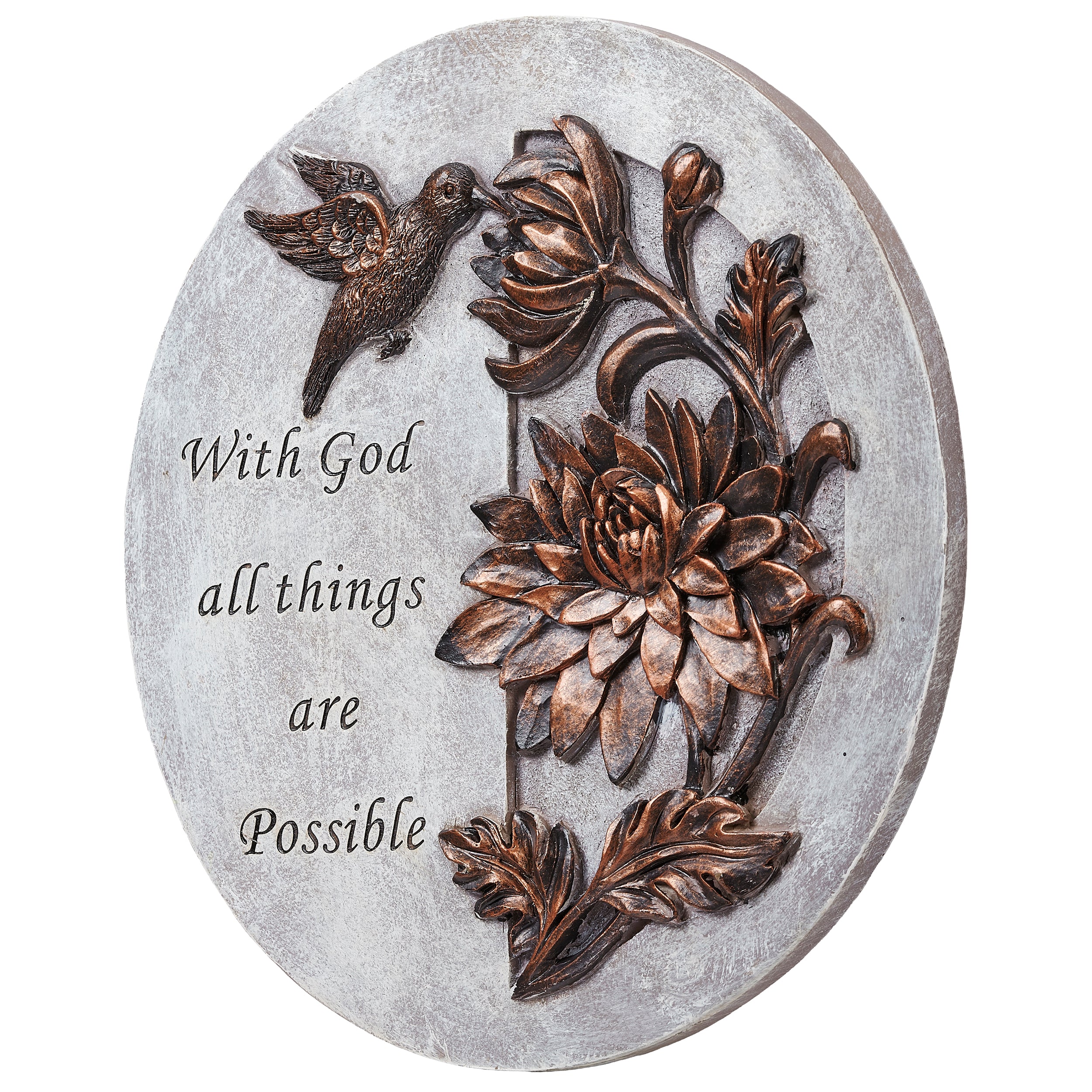 Decorative stone with floral and bird design, featuring the quote 'With God all things are possible'.