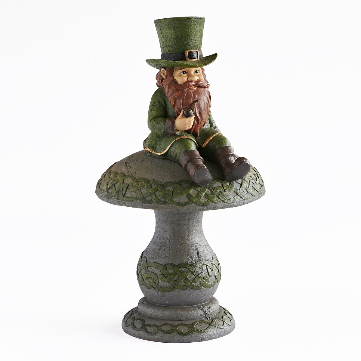 Front view of Solar Leprechaun Sitting on Mushroom Garden Statue showing the leprechaun seated above the decorative mushroom base