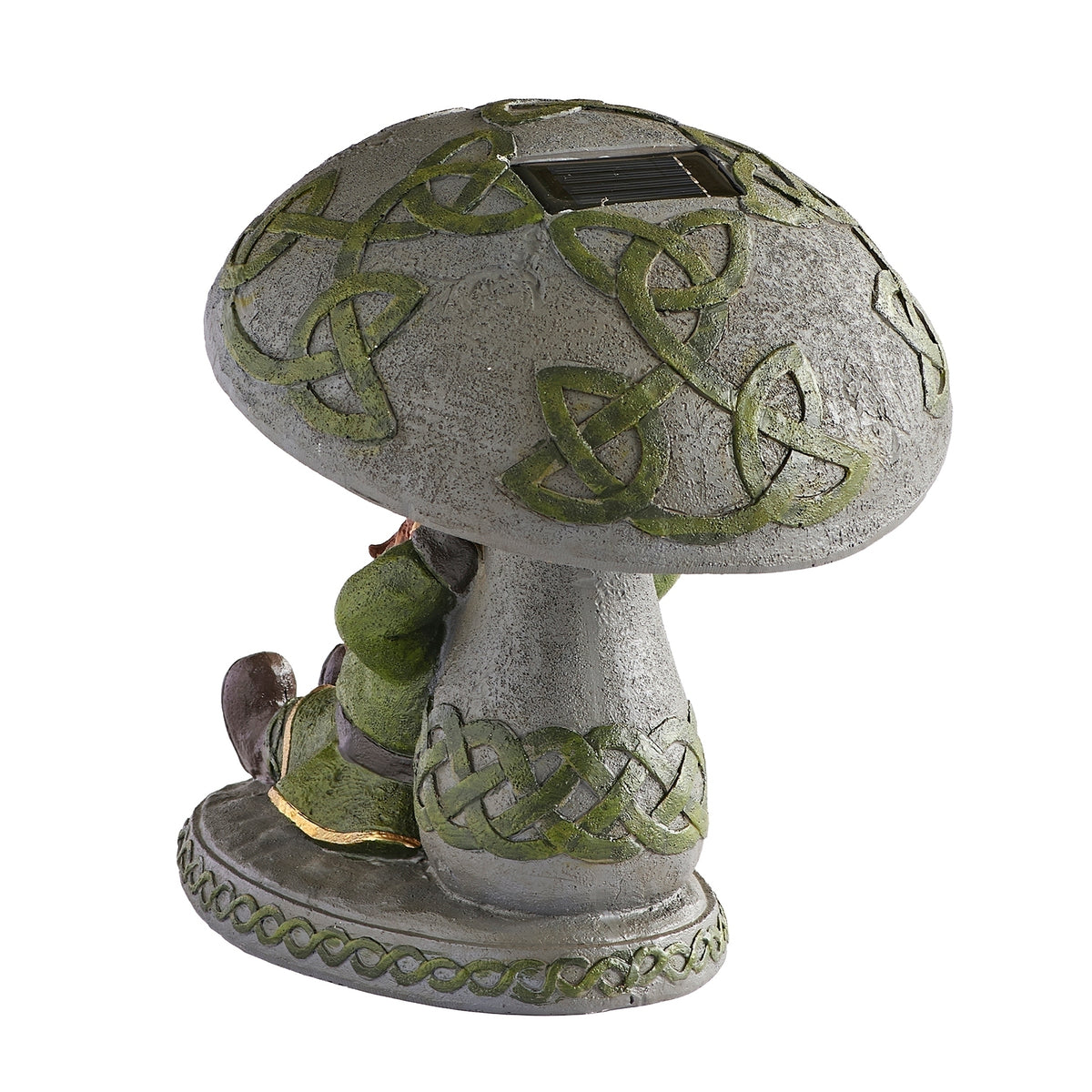 Back view of Solar Sleeping Leprechaun Garden Statue showing the mushroom stem and Celtic knot detailing