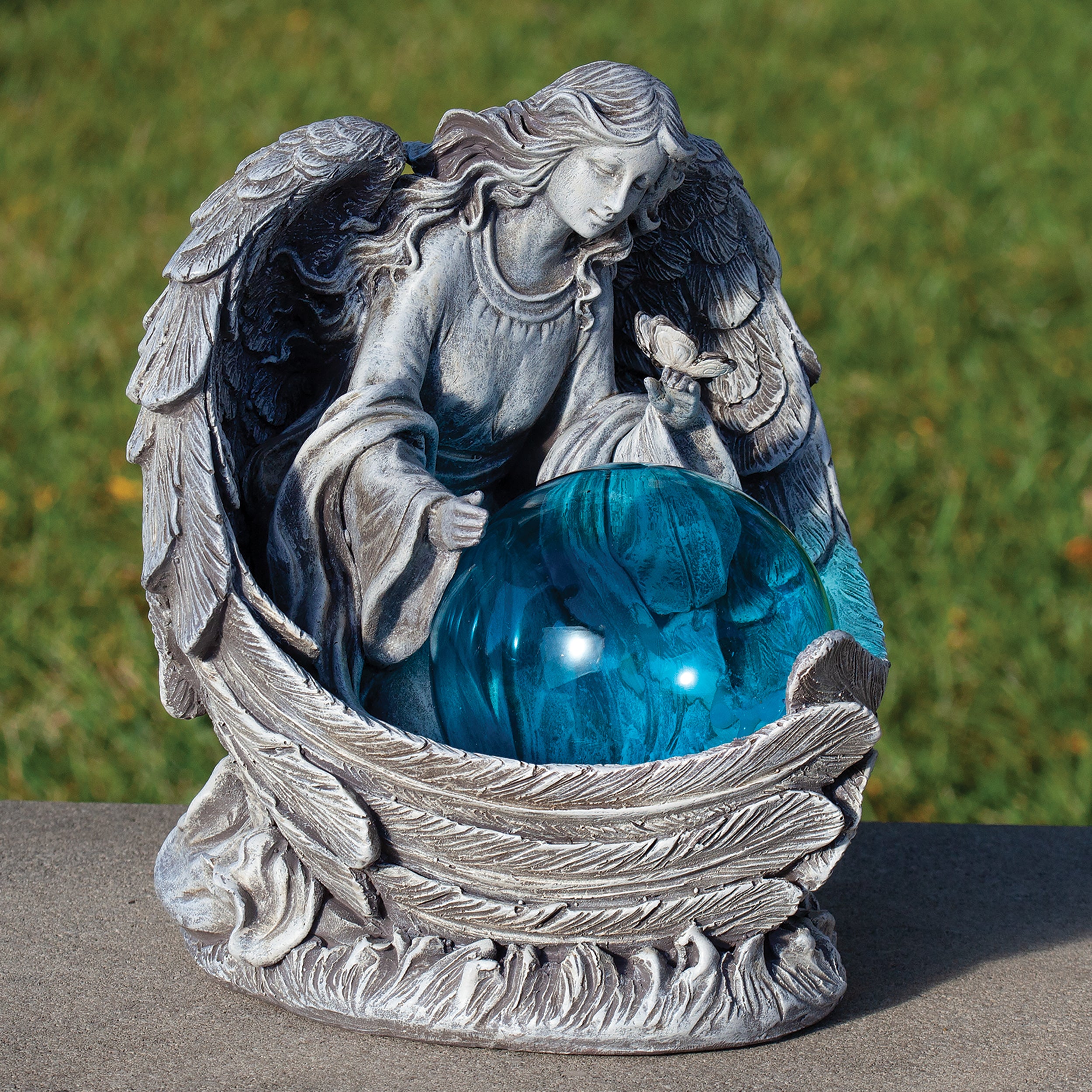 Solar Kneeling Angel with Blue Gazing Ball Garden Statue