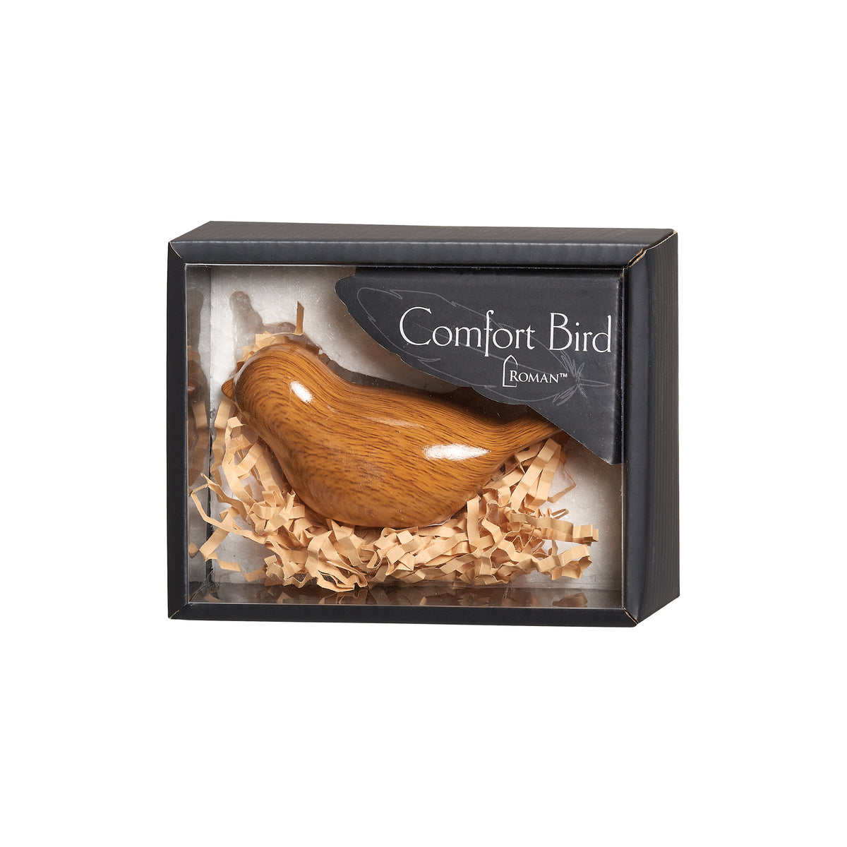Brown comfort bird nestled in shredded packing material inside a window gift box labeled “Comfort Bird.”