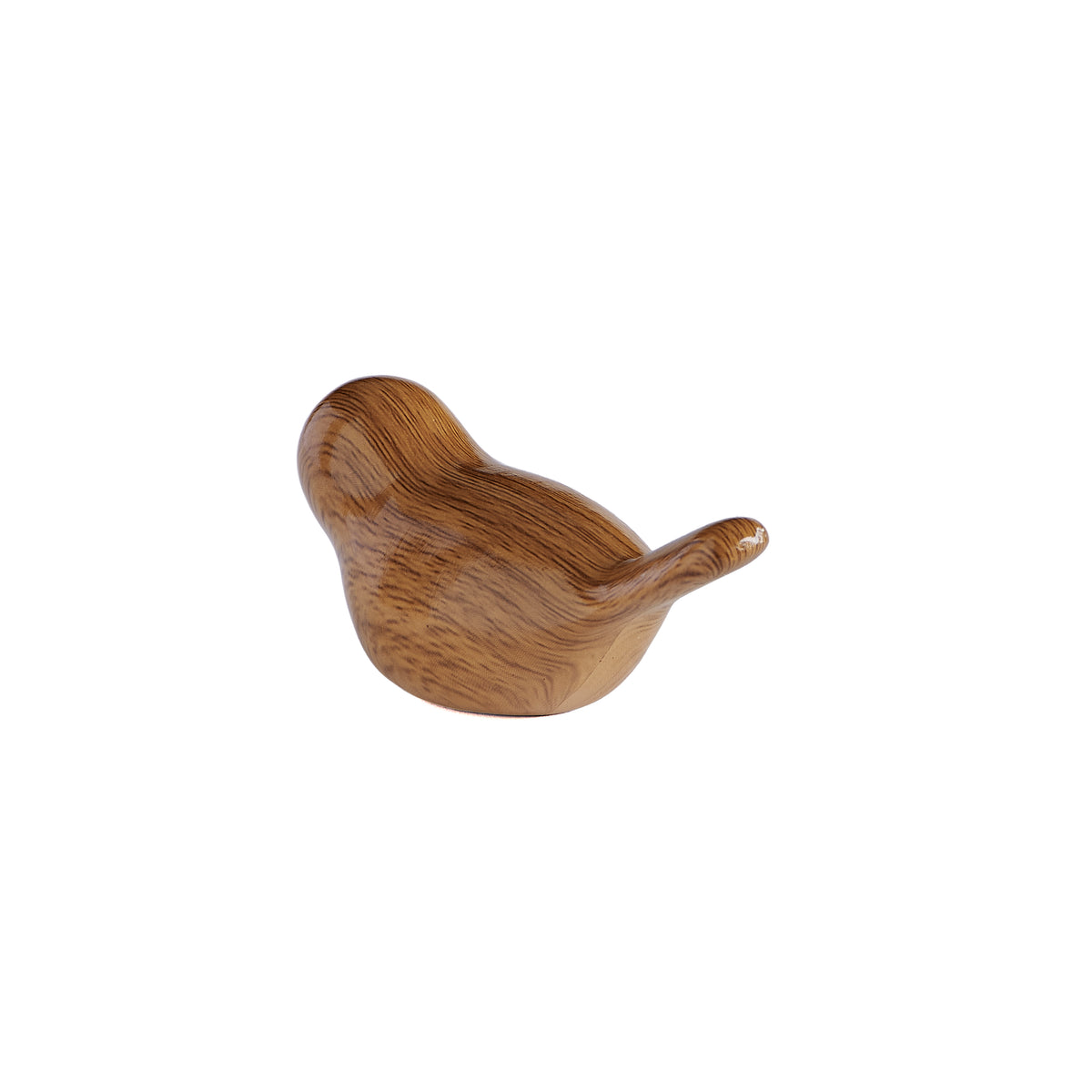 Angled view of comfort bird showing its rounded head, curved back, and wood-grain pattern.