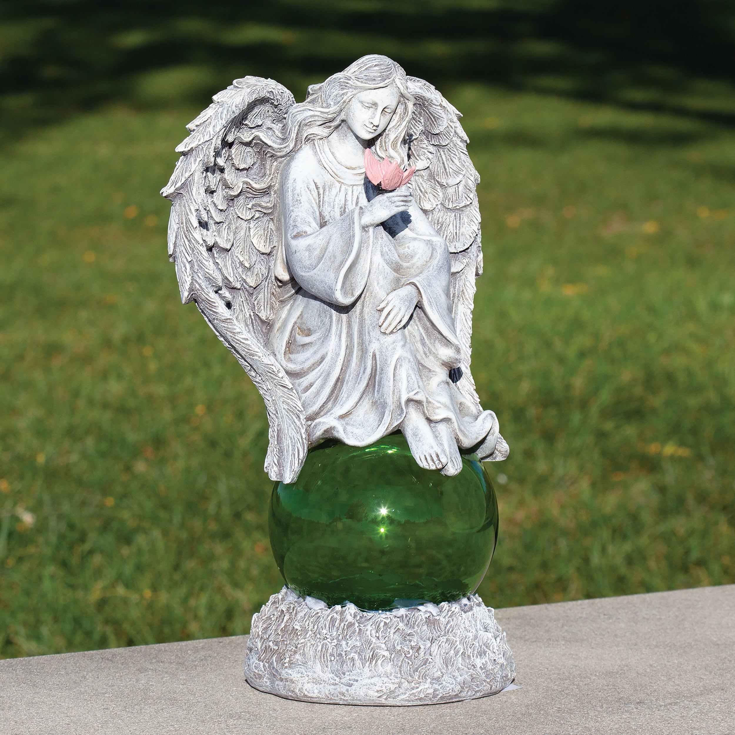 Solar Angel with Green Gazing Ball Garden Statue