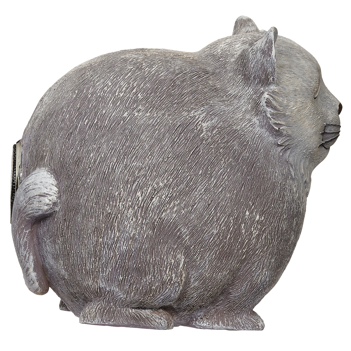 Rear angled view of Pudgy Pals Cat Bluetooth Speaker showing the rounded body, sculpted fur, and tail detail