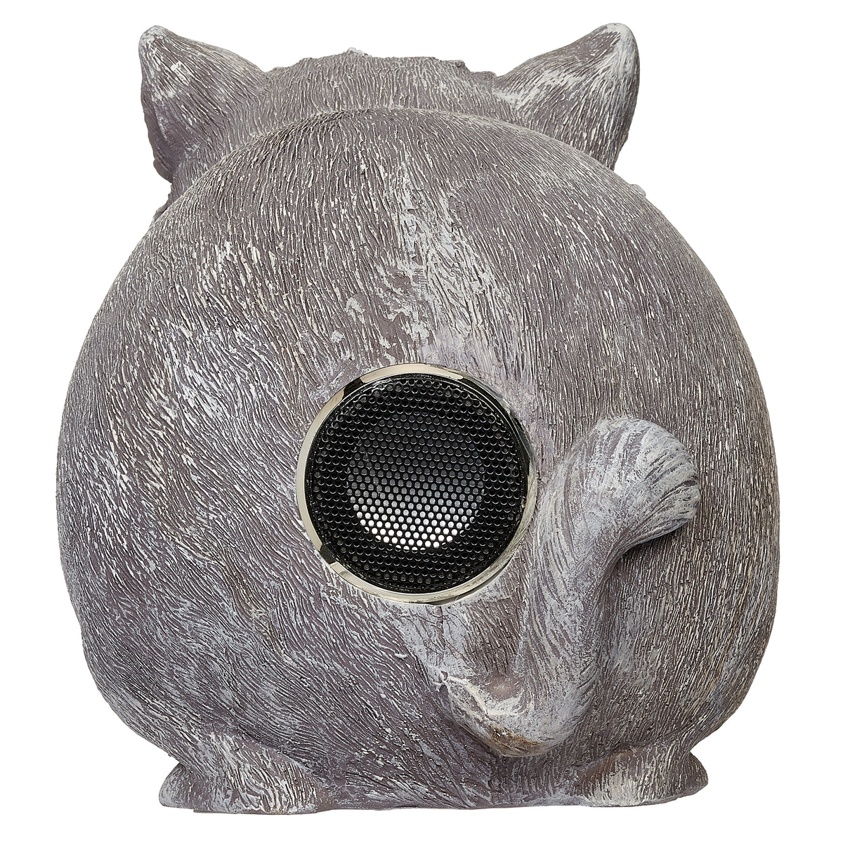 Back view of Pudgy Pals Cat Bluetooth Speaker showing the built-in black speaker grille and curled tail