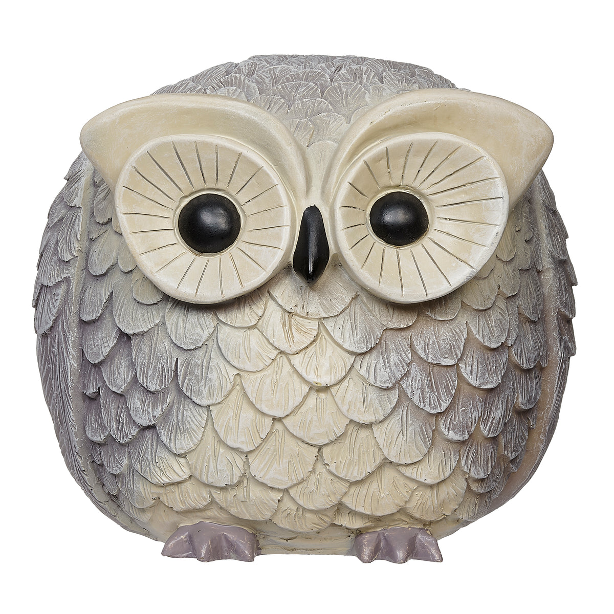 Front view of Pudgy Pals Owl Bluetooth Speaker showing the large eyes, cream face accents, and layered gray feathers