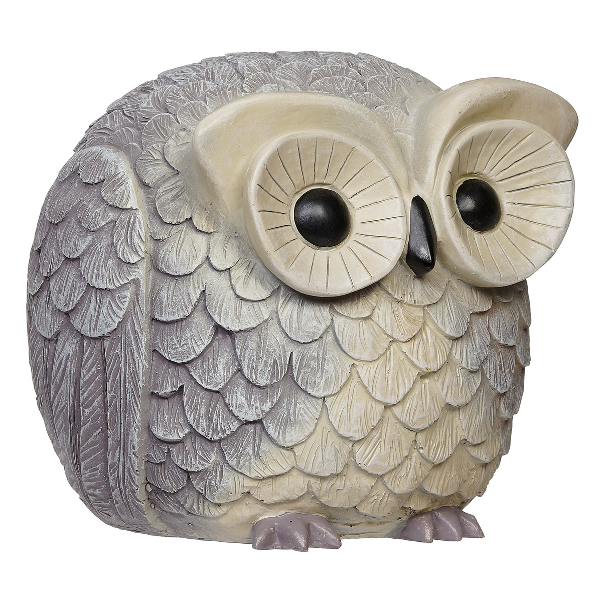 Alternate front angled view of Pudgy Pals Owl Bluetooth Speaker showing the oversized eyes and textured gray body