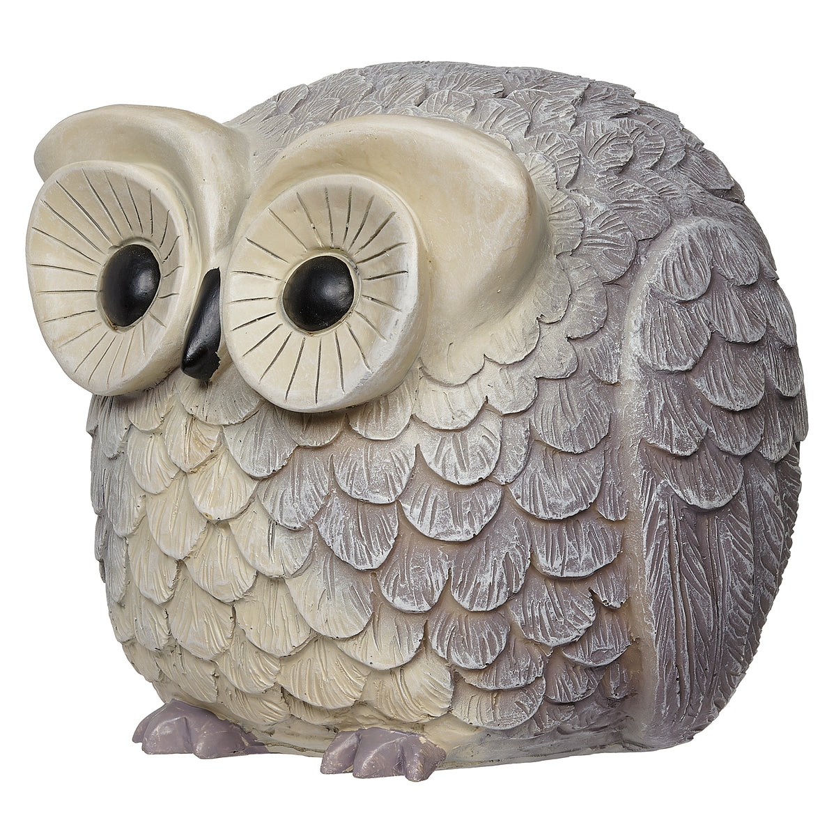 Front angled view of Pudgy Pals Owl Bluetooth Speaker showing the large eyes, sculpted beak, and textured feathers