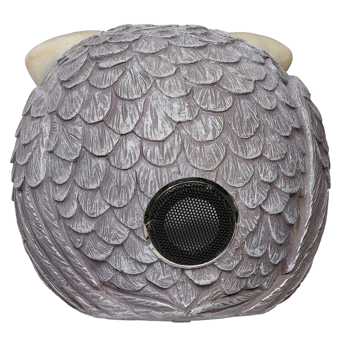 Back view of Pudgy Pals Owl Bluetooth Speaker showing the built-in black speaker grille surrounded by sculpted feathers