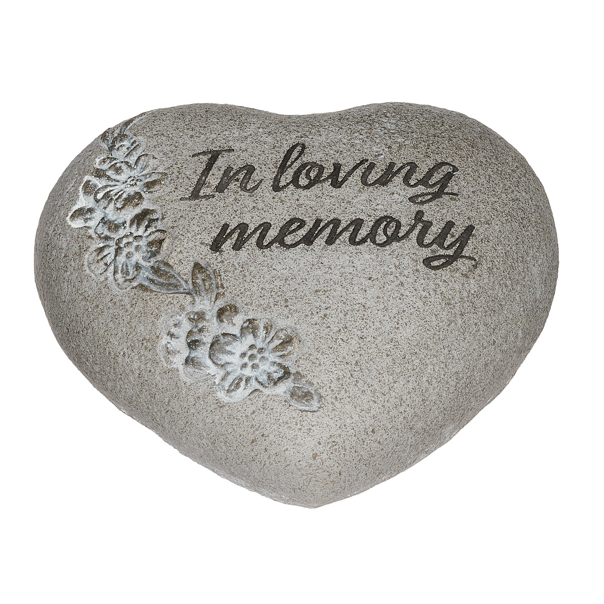 Front angled view of In Loving Memory heart-shaped garden stone showing the floral details and engraved message