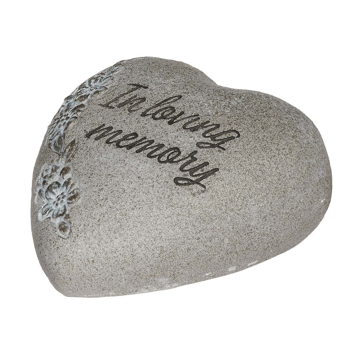 Side angled view of In Loving Memory garden stone showing the rounded heart shape and stone-like texture