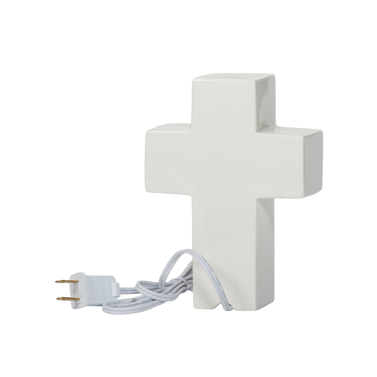 Back view of blue Now I Lay Me Down to Sleep Lighted Cross showing the plain white porcelain cross and power cord
