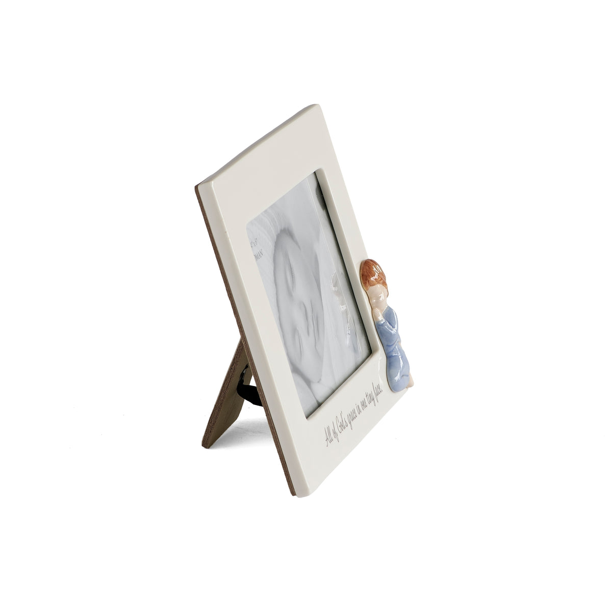 Side view of blue All of God's Grace Baby Picture Frame showing the porcelain frame and tabletop easel stand