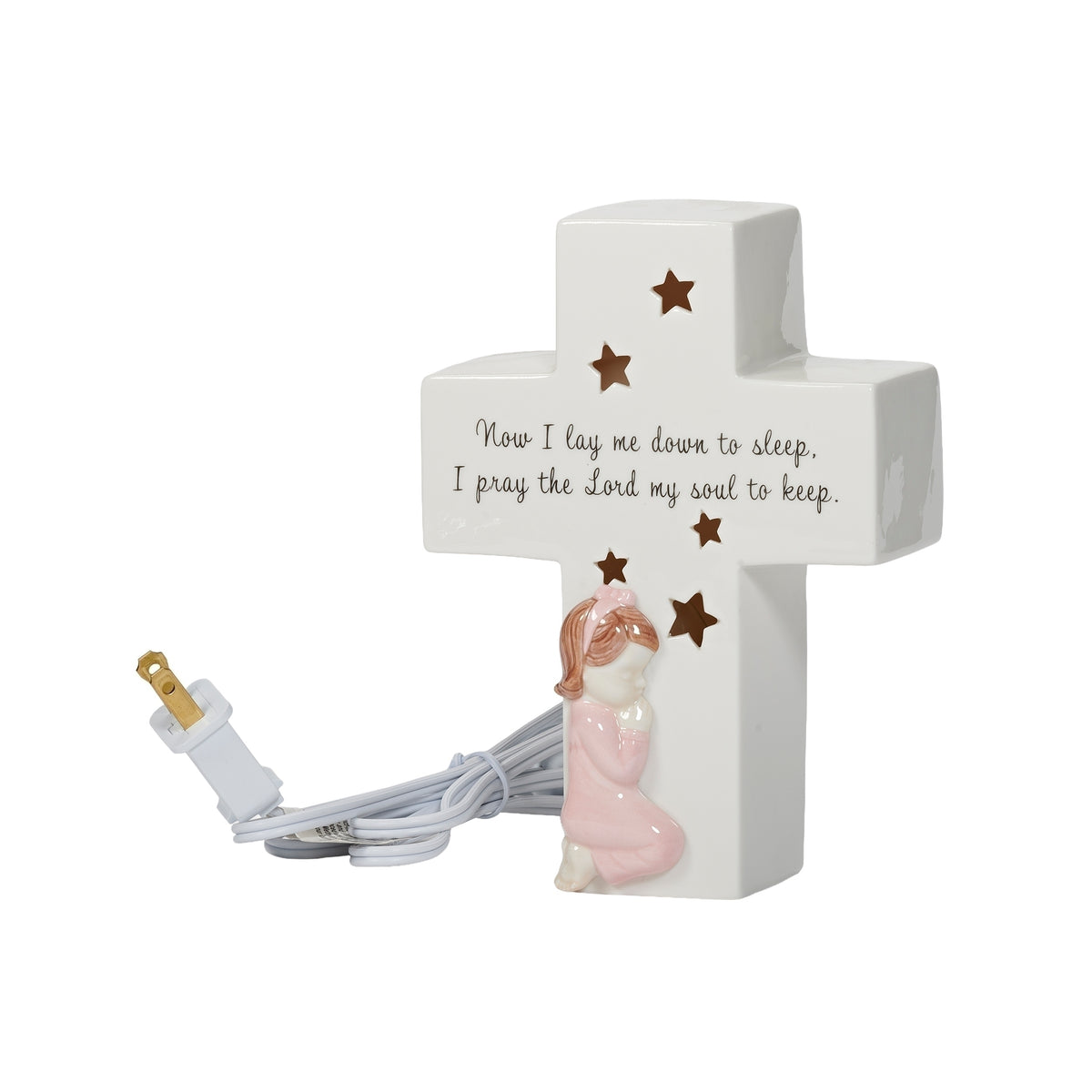 Front angled view of pink Now I Lay Me Down to Sleep Lighted Cross showing the kneeling child, prayer message, star cutouts, and plug-in cord