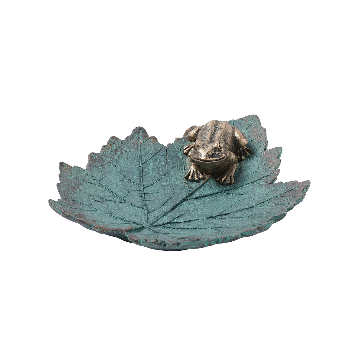 Front angled view of Leaf Bird Feeder with Frog showing the shallow leaf dish and sculpted frog accent