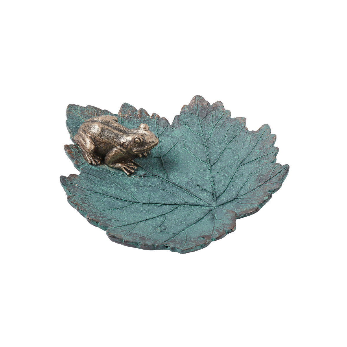 Opposite angled view of Leaf Bird Feeder with Frog showing the blue-green leaf texture and bronze-finished frog