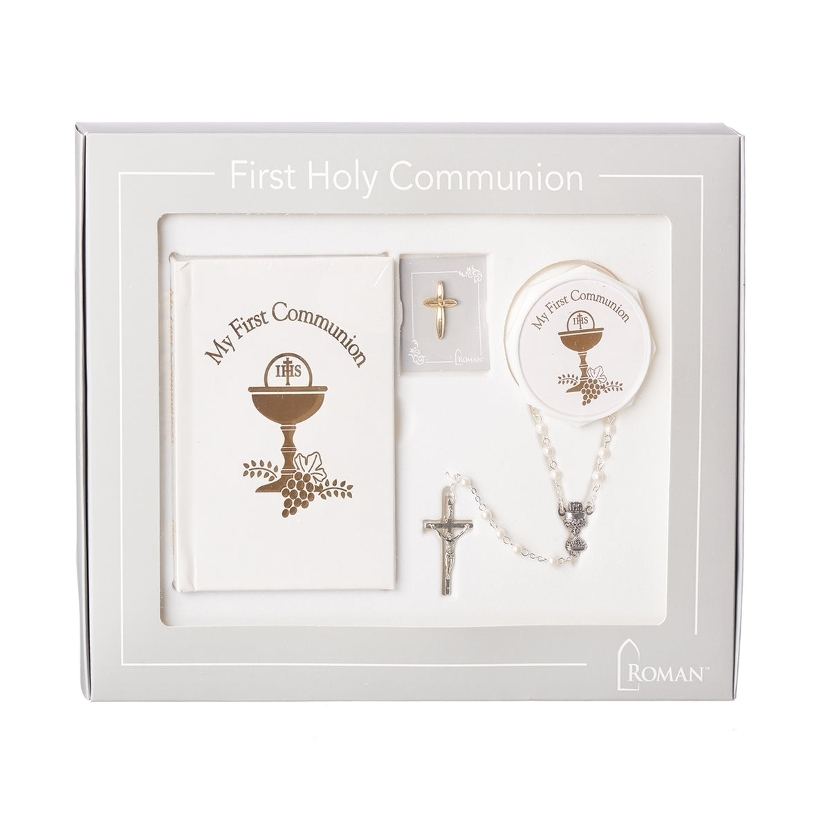 White First Communion Box & Accessories Set displayed inside a keepsake box with devotional accessories arranged in compartments