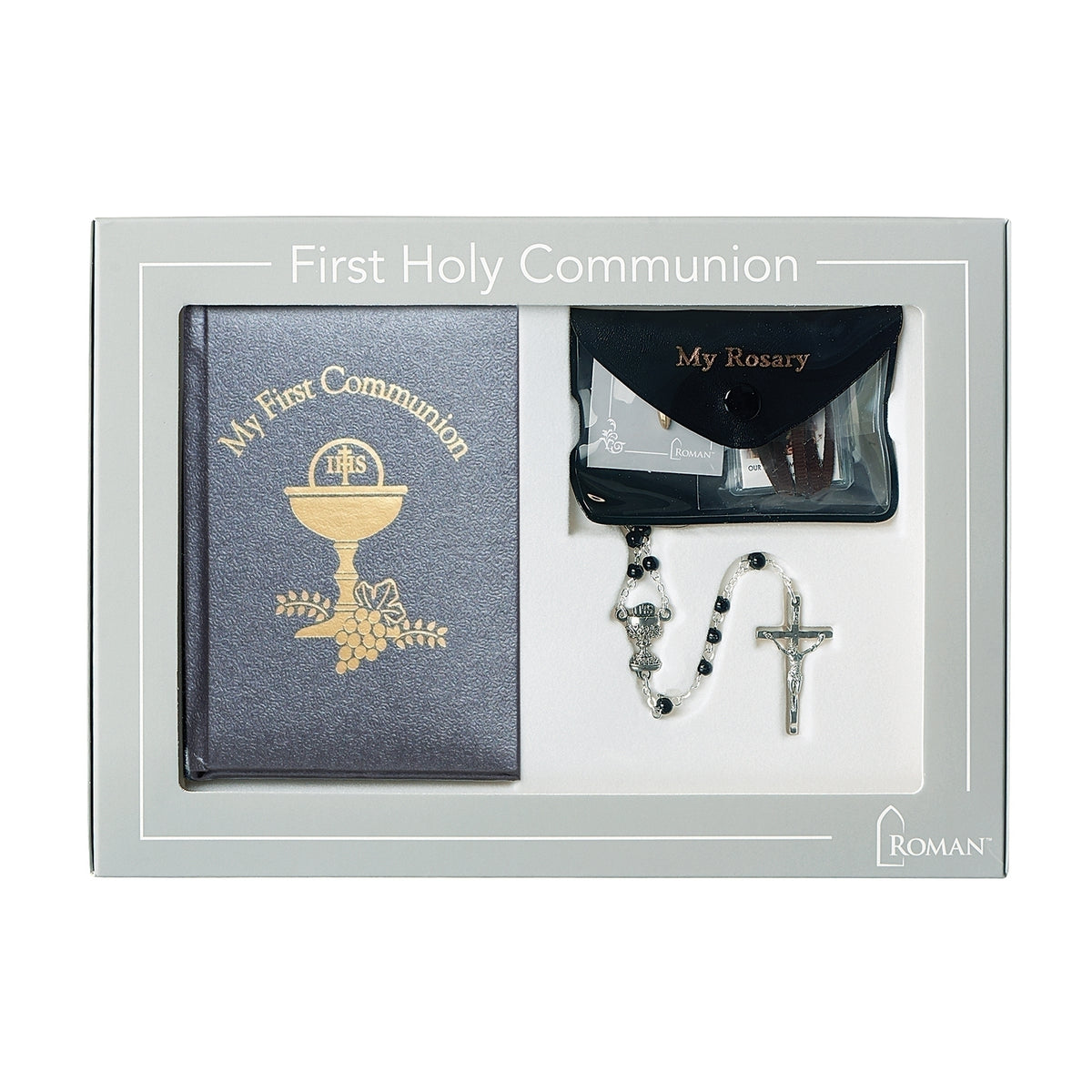 Blue Deluxe First Communion Book & Accessory Set displayed in a presentation folder with the prayer book, rosary, cross pin, and devotional accessories arranged inside