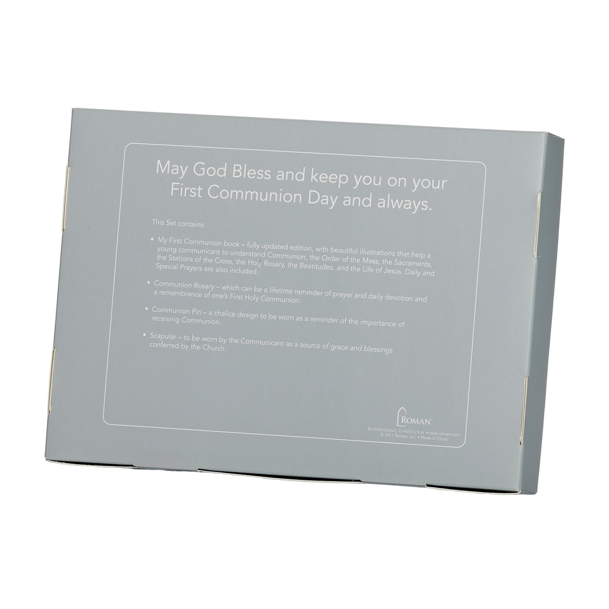 Back view of the blue First Communion box showing the plain gray exterior