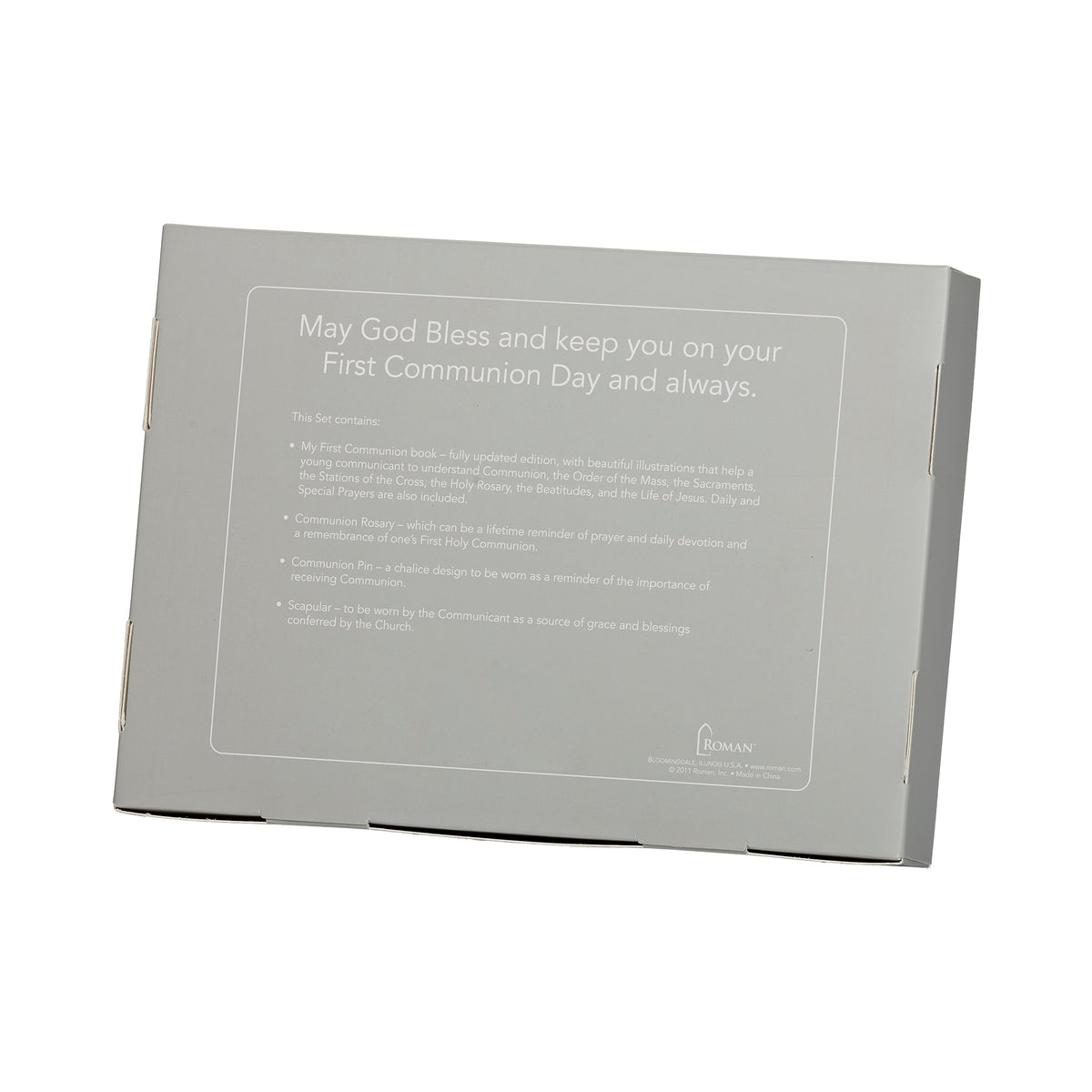 Back view of the white First Communion packaging box showing the plain light-colored exterior