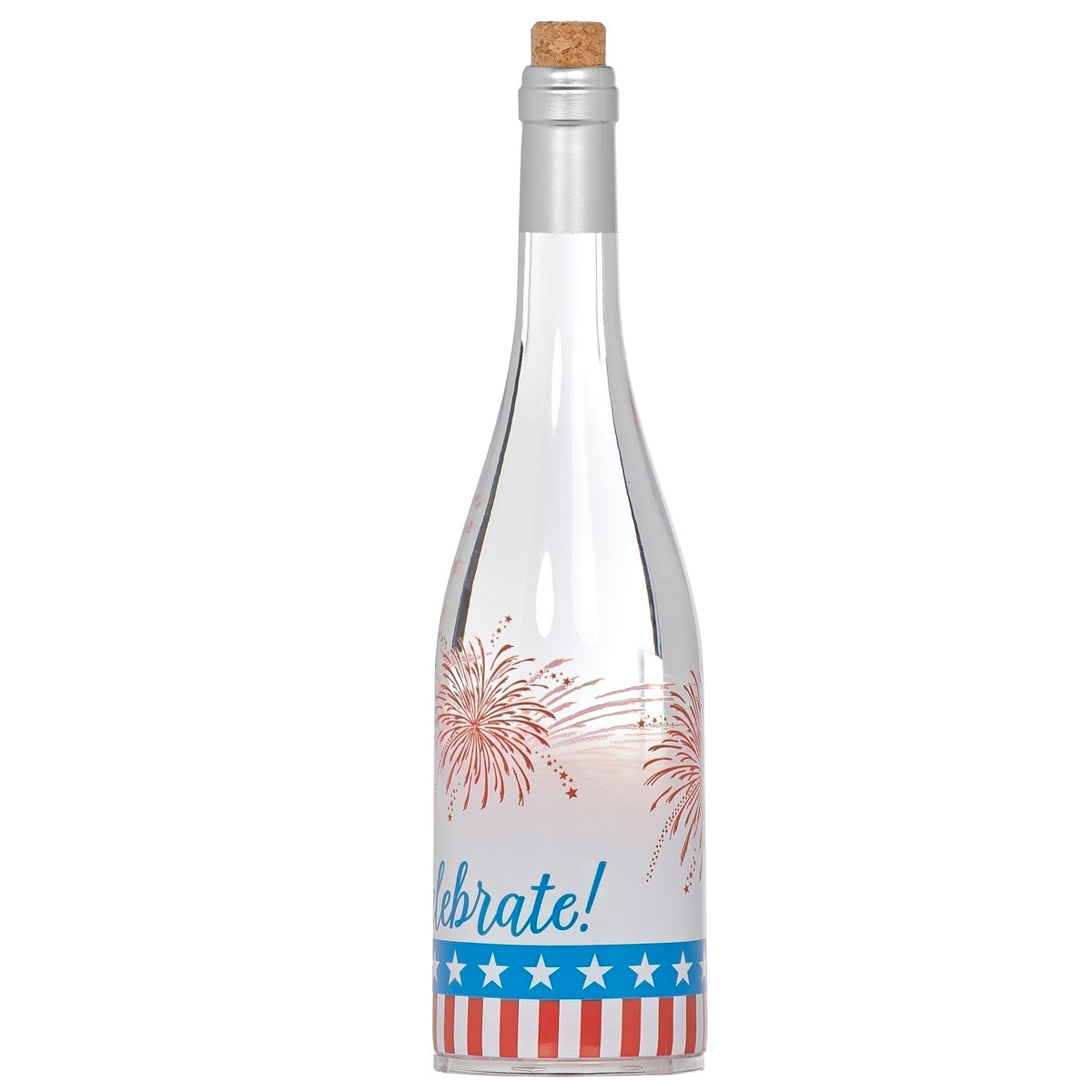 Lighted patriotic swirl bottle with Celebrate design, back view