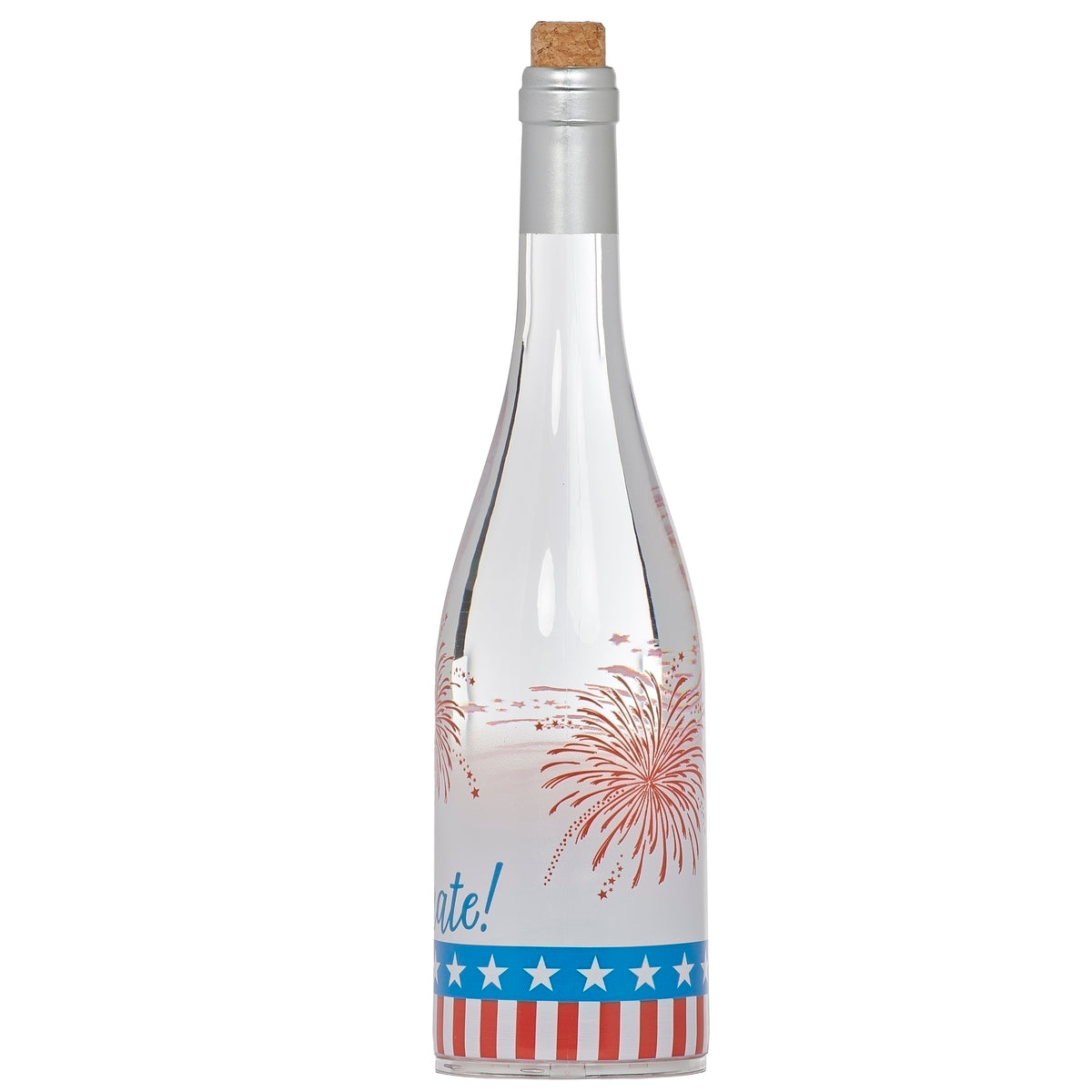 Red, white and blue patriotic lighted wine bottle decor, side view