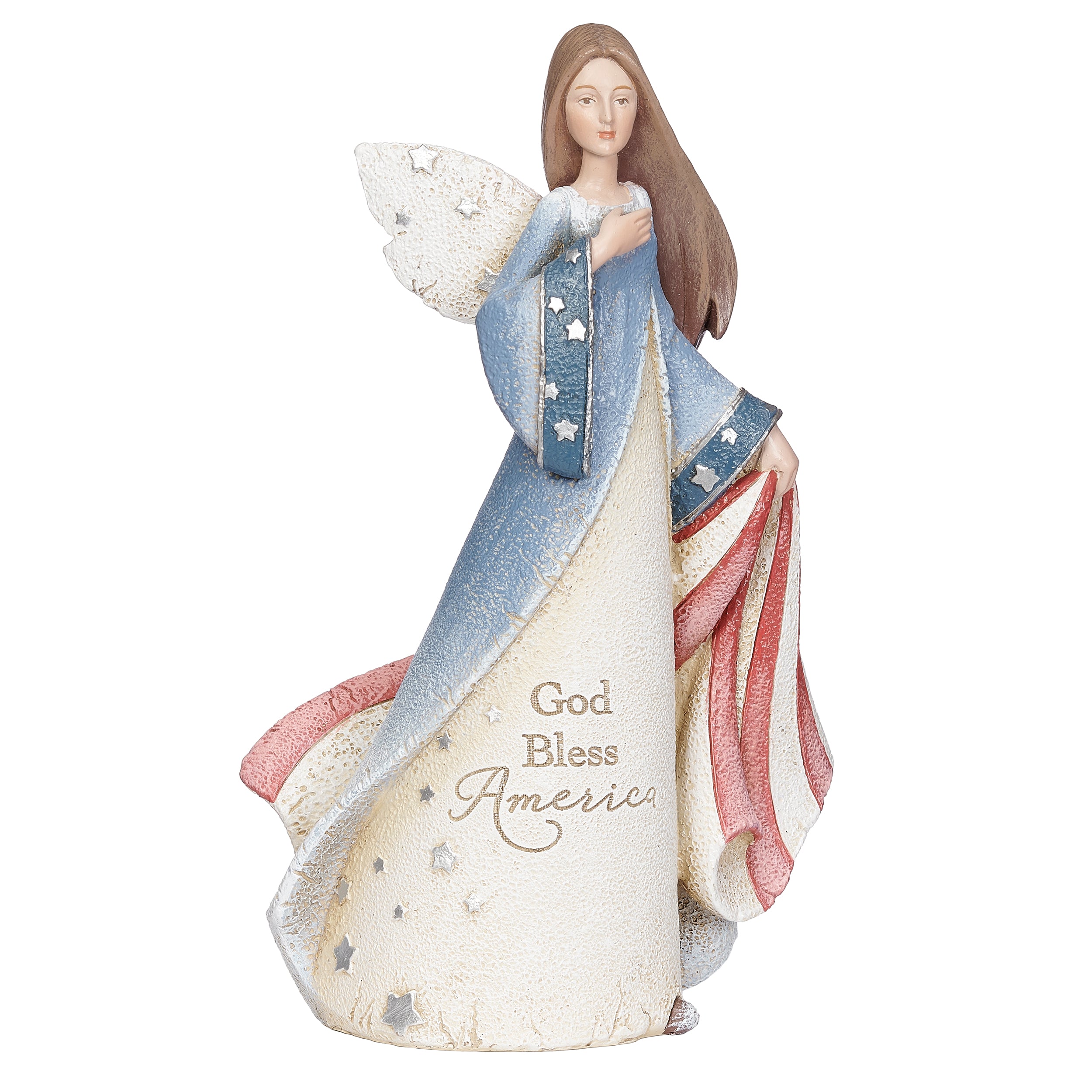 Angel wearing patriotic dress that says God Bless America
