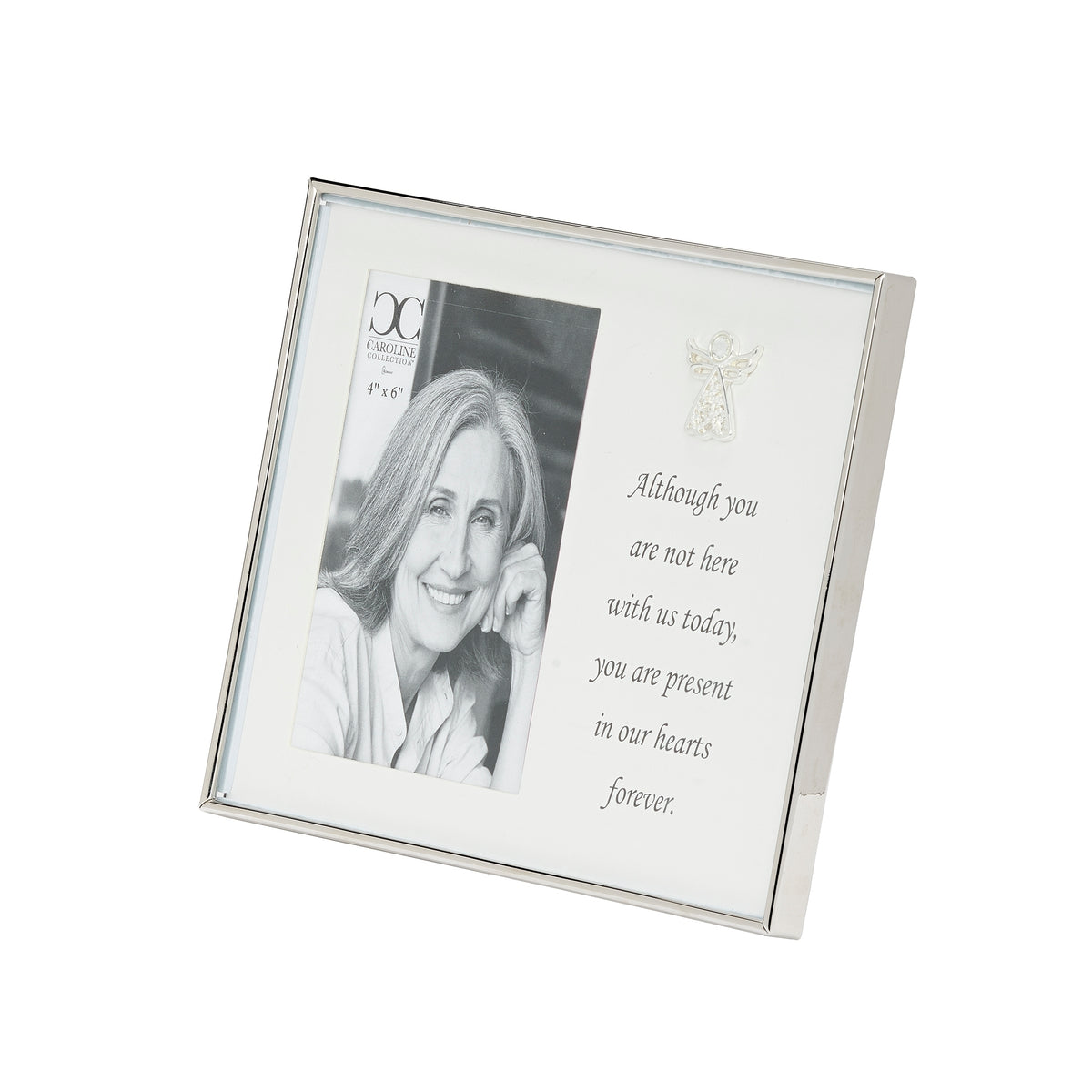 Angled front view of memorial picture frame showing the portrait opening beside the angel and remembrance message.