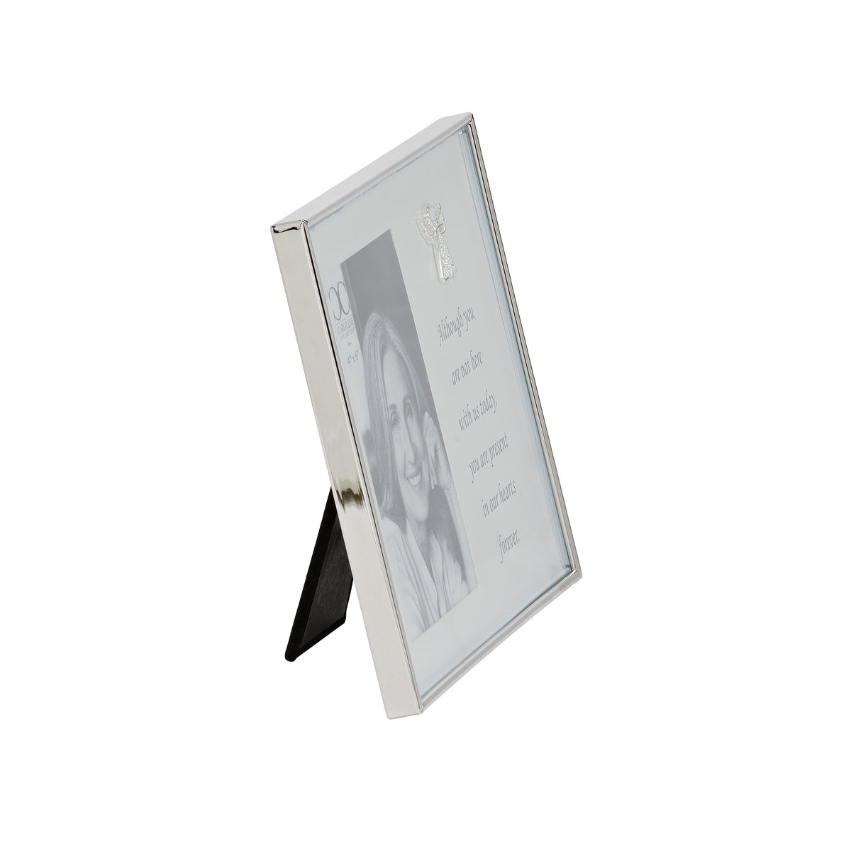 Side view of memorial picture frame showing its slim silver-toned border and extended black easel stand.