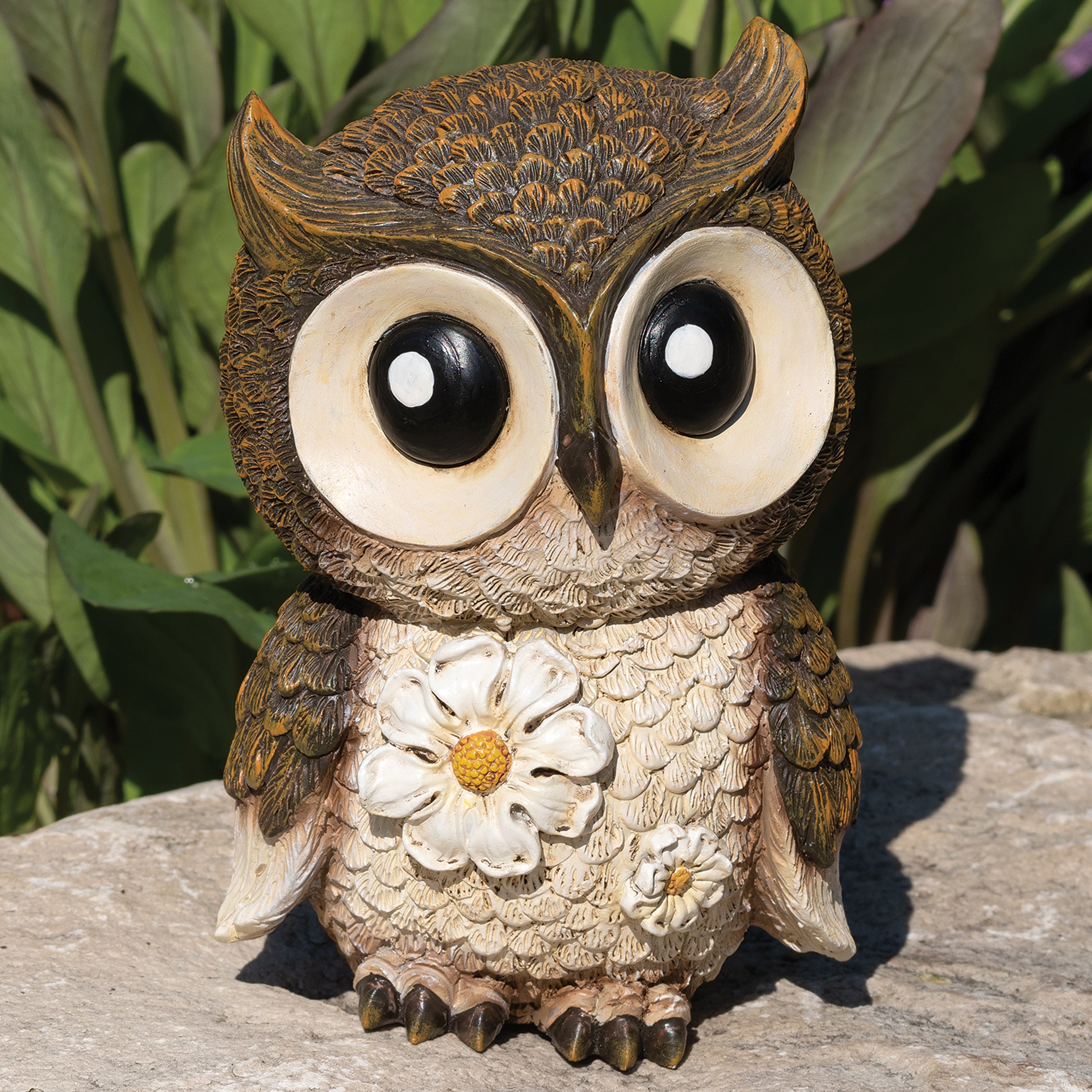 Wide-Eyed Owl with Daisy Garden Statue