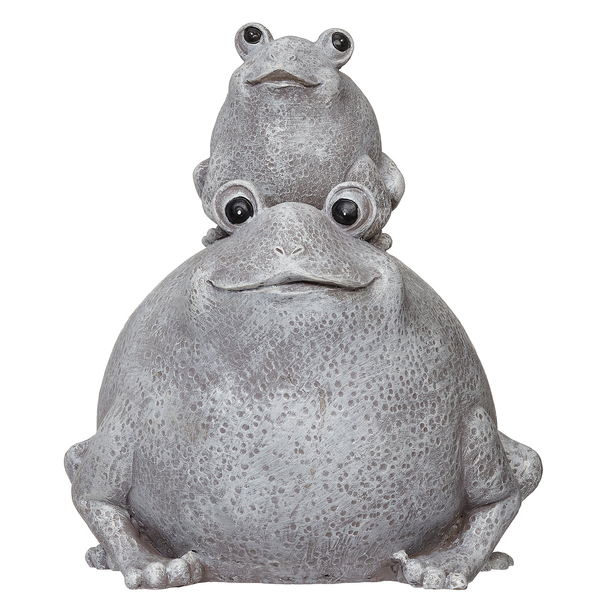 Front view of Pudgy Pals Mama Frog and Baby Garden Statue showing both frogs' cheerful faces and rounded design