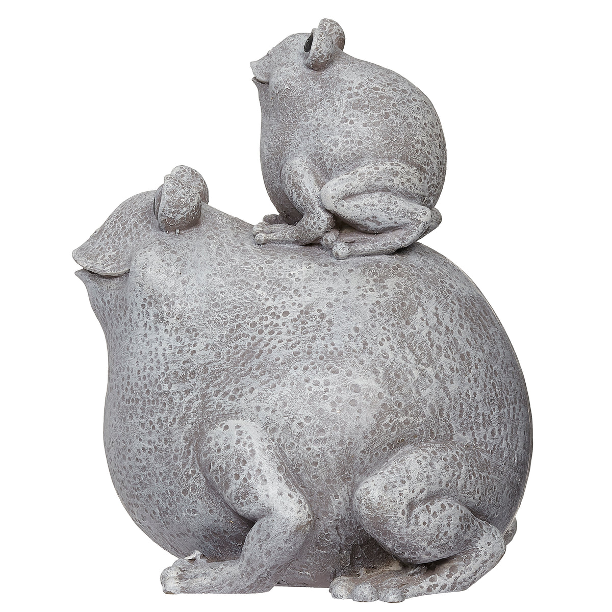 Side view of Pudgy Pals Mama Frog and Baby Garden Statue showing the rounded mother frog and baby perched above