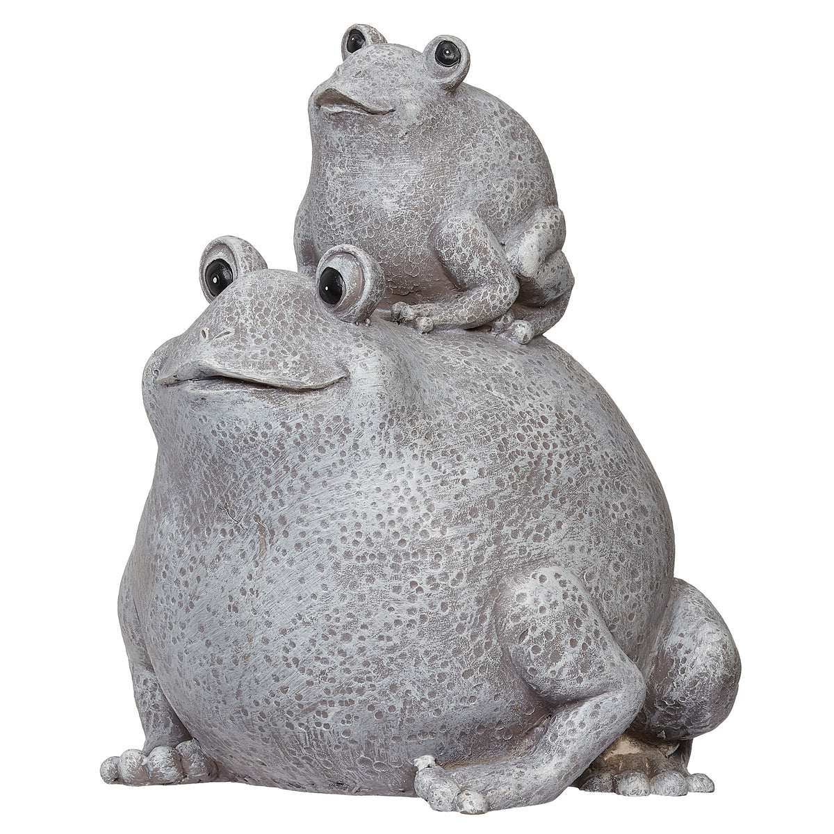 Front angled view of Pudgy Pals Mama Frog and Baby Garden Statue showing the baby frog sitting on the mother frog's back