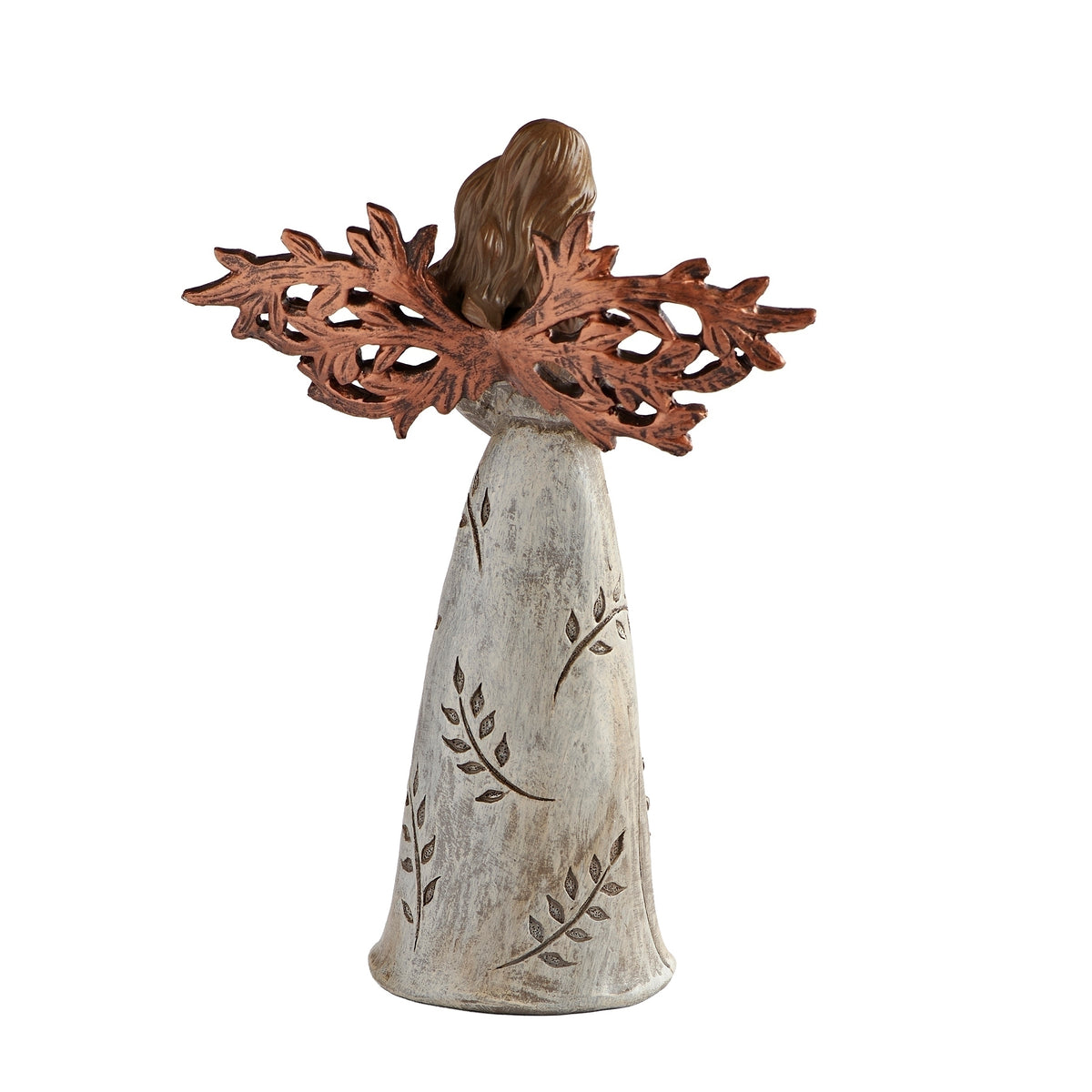 Back view of "Family is Life" Angel Figure showing the intricate brown Tree of Life wing design and textured gown