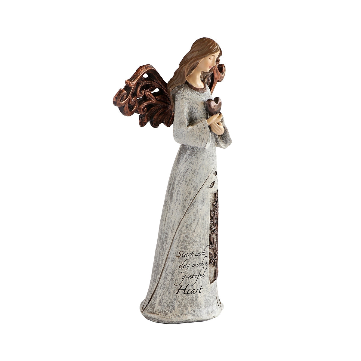 Opposite side view of "Grateful Heart" Tree of Life Angel Figure showing the flowing gown and detailed brown wings