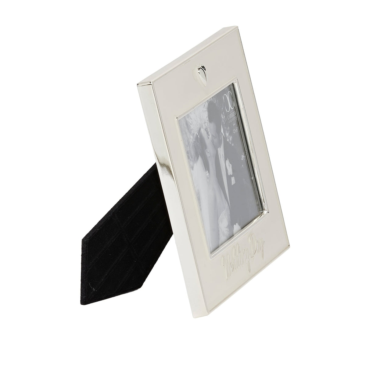 Side view of Caroline Collection Wedding Day Heart Picture Frame showing the slim metal frame and black tabletop stand