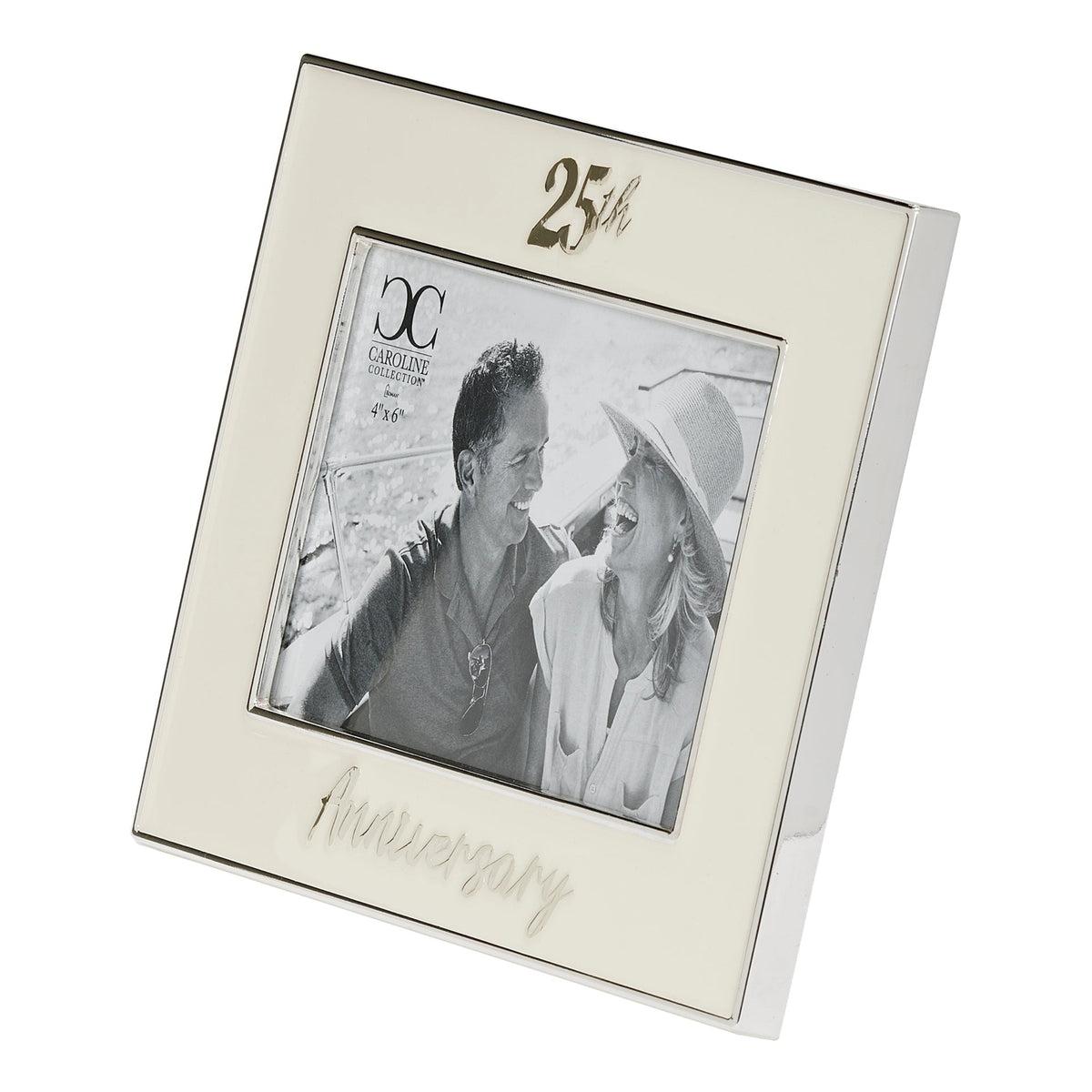 Front angled view of Caroline Collection 25th Anniversary Picture Frame showing the anniversary lettering and tabletop easel stand