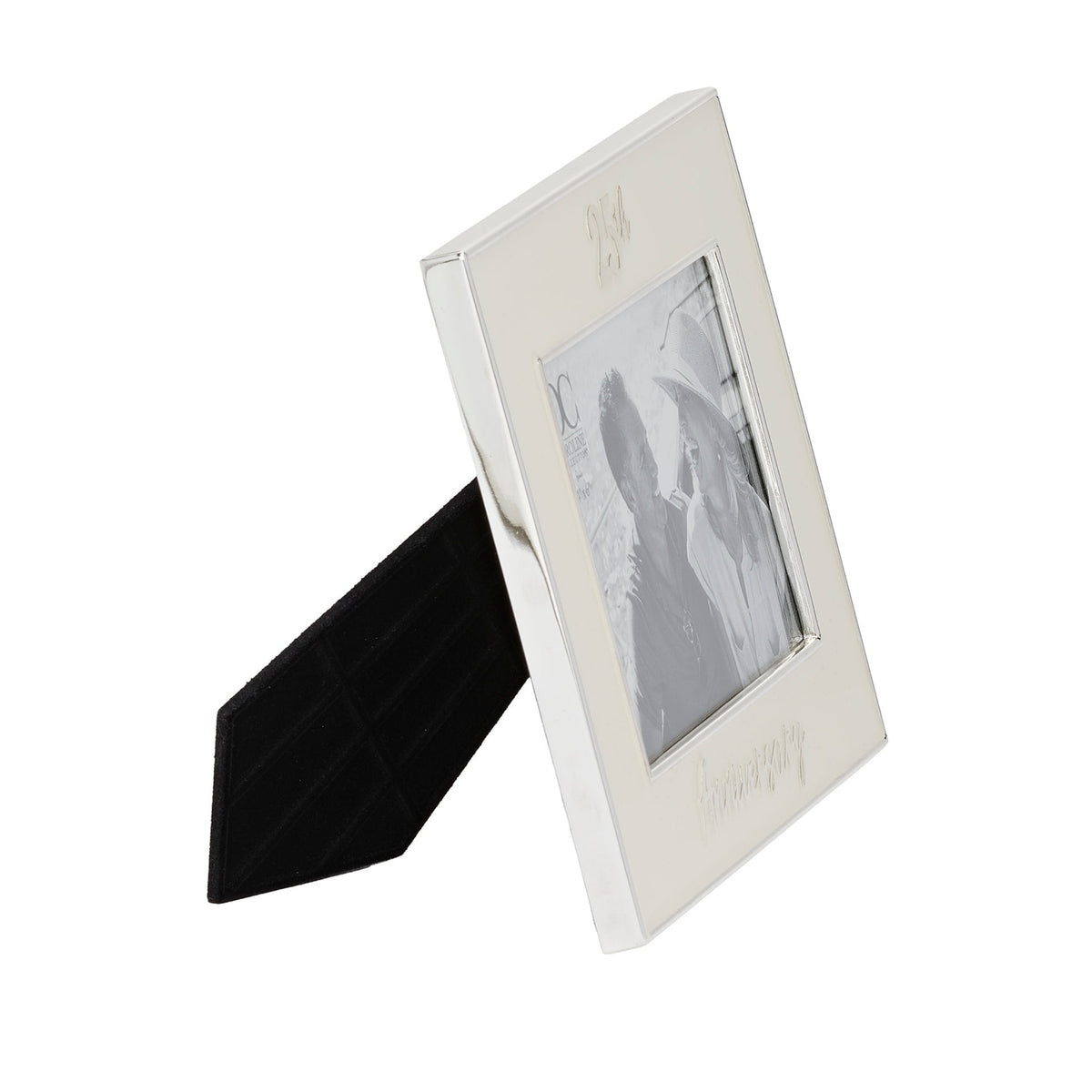Side view of Caroline Collection 25th Anniversary Picture Frame showing the slim metal frame and black tabletop stand